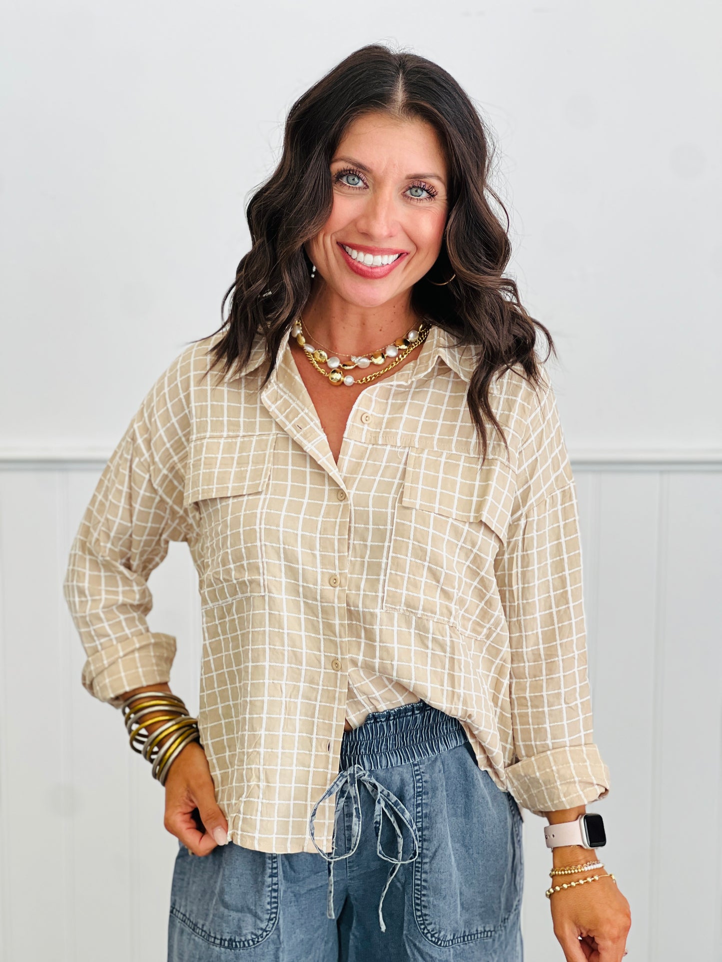 Taupe Seersucker Button Down Top (Reg.)