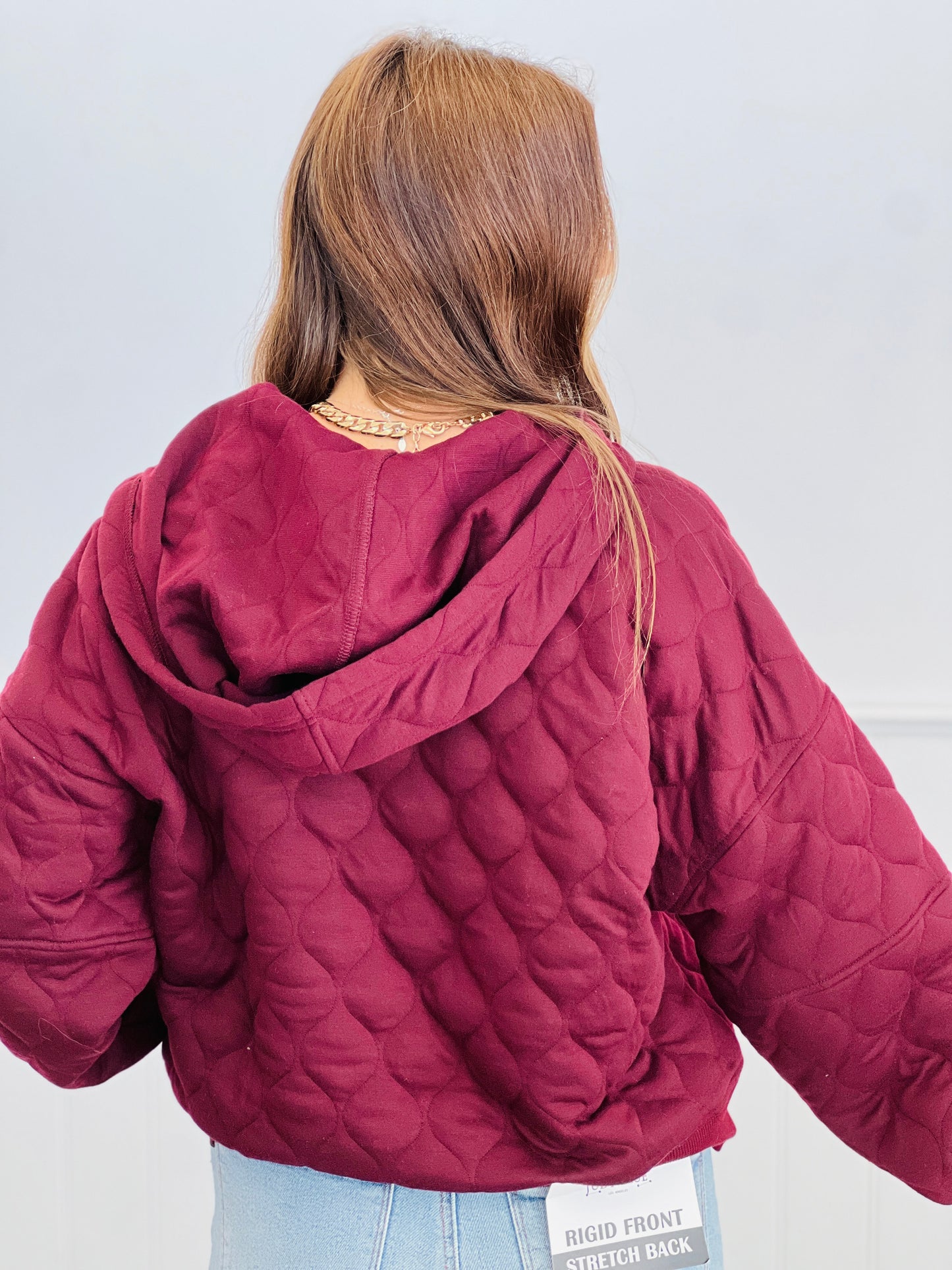Dark Cherry Quilted Quarter Zip Up Hoodie Jacket (Reg.)