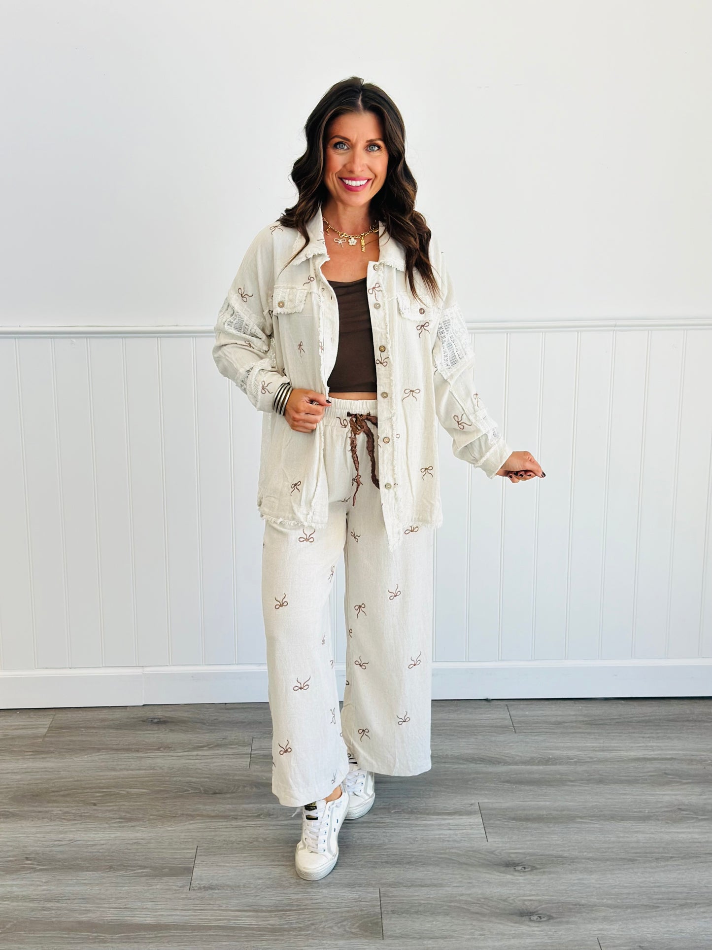 Oatmeal Bows Button Down Shacket (Reg. and Plus)