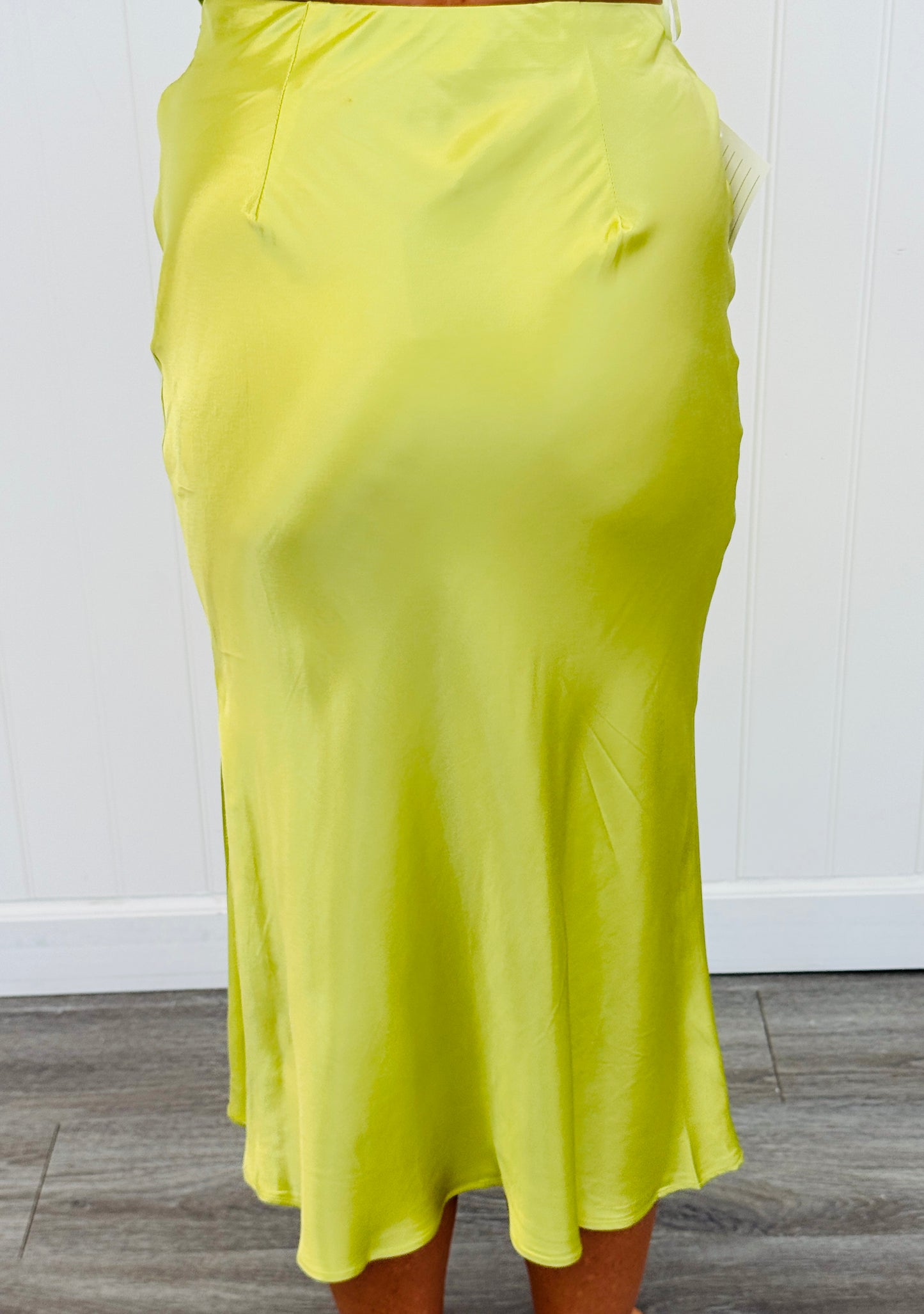 Lime Green Satin Side Slit Midi Skirt (Reg.)