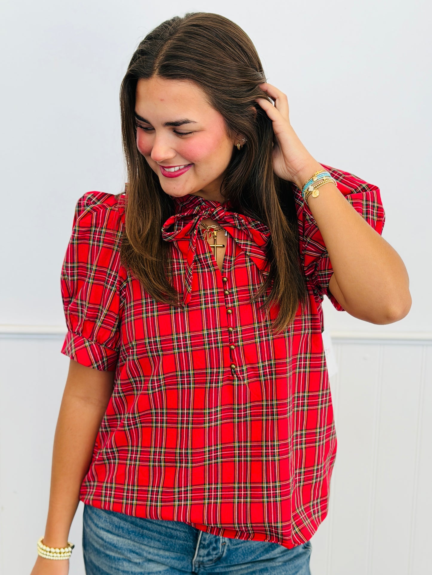 Plaid Tie Neck Puff Sleeve Top (Reg.) - 4 Colors