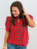 Plaid Tie Neck Puff Sleeve Top (Reg.) - 4 Colors