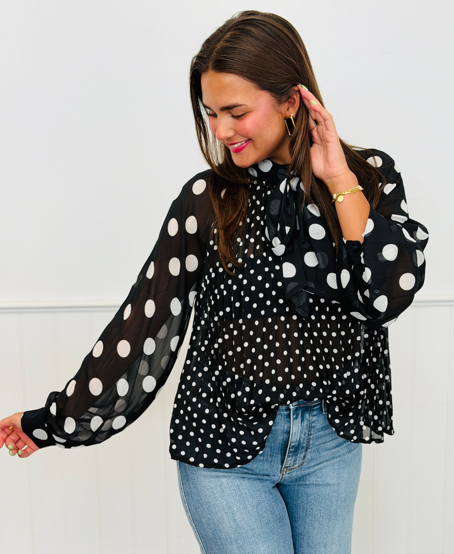 Black/White  Mixed Polka Dot Print Blouse (Reg. & Plus)