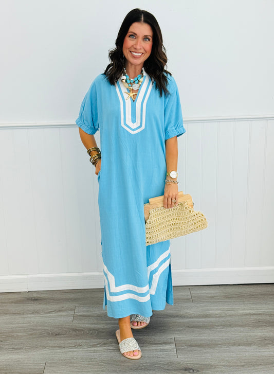 Sky Blue Contrast Stripe Detailing Midi Dress (Reg. and Plus)