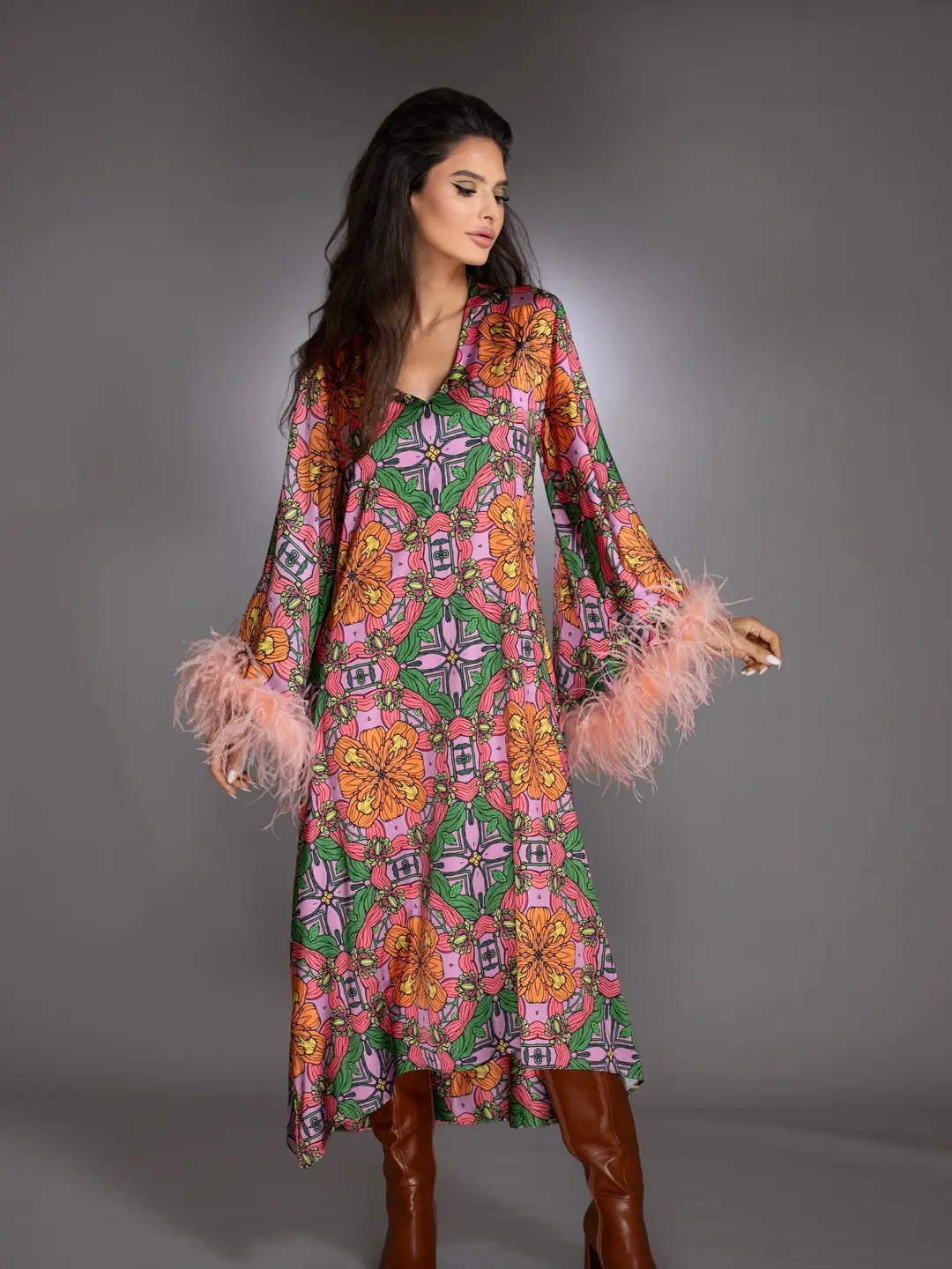 Floral High Low Feather Bell Sleeves Dress (Reg.)