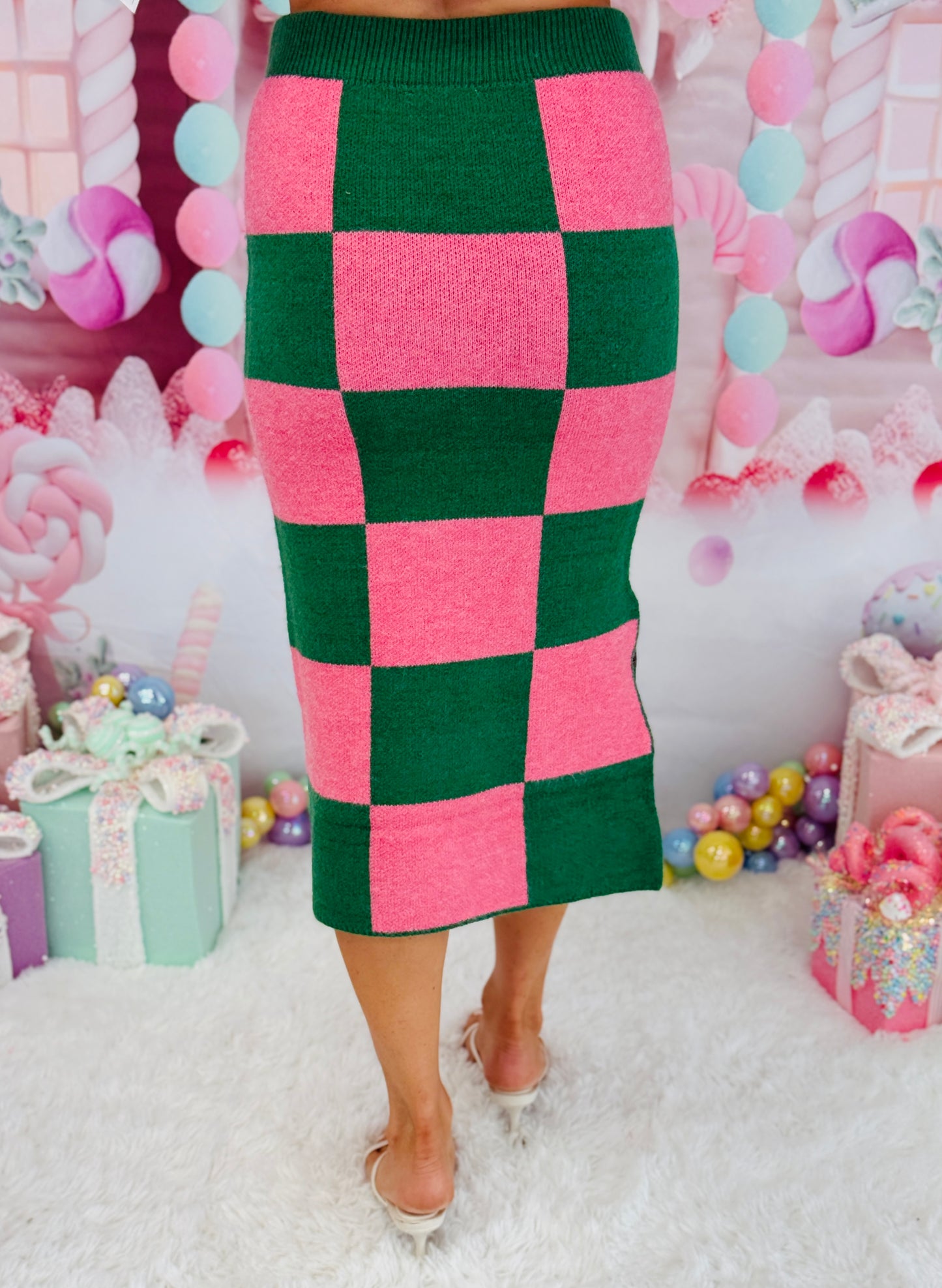 Green/Pink Checkered Knit Pencil Midi Skirt (Reg. and Plus)