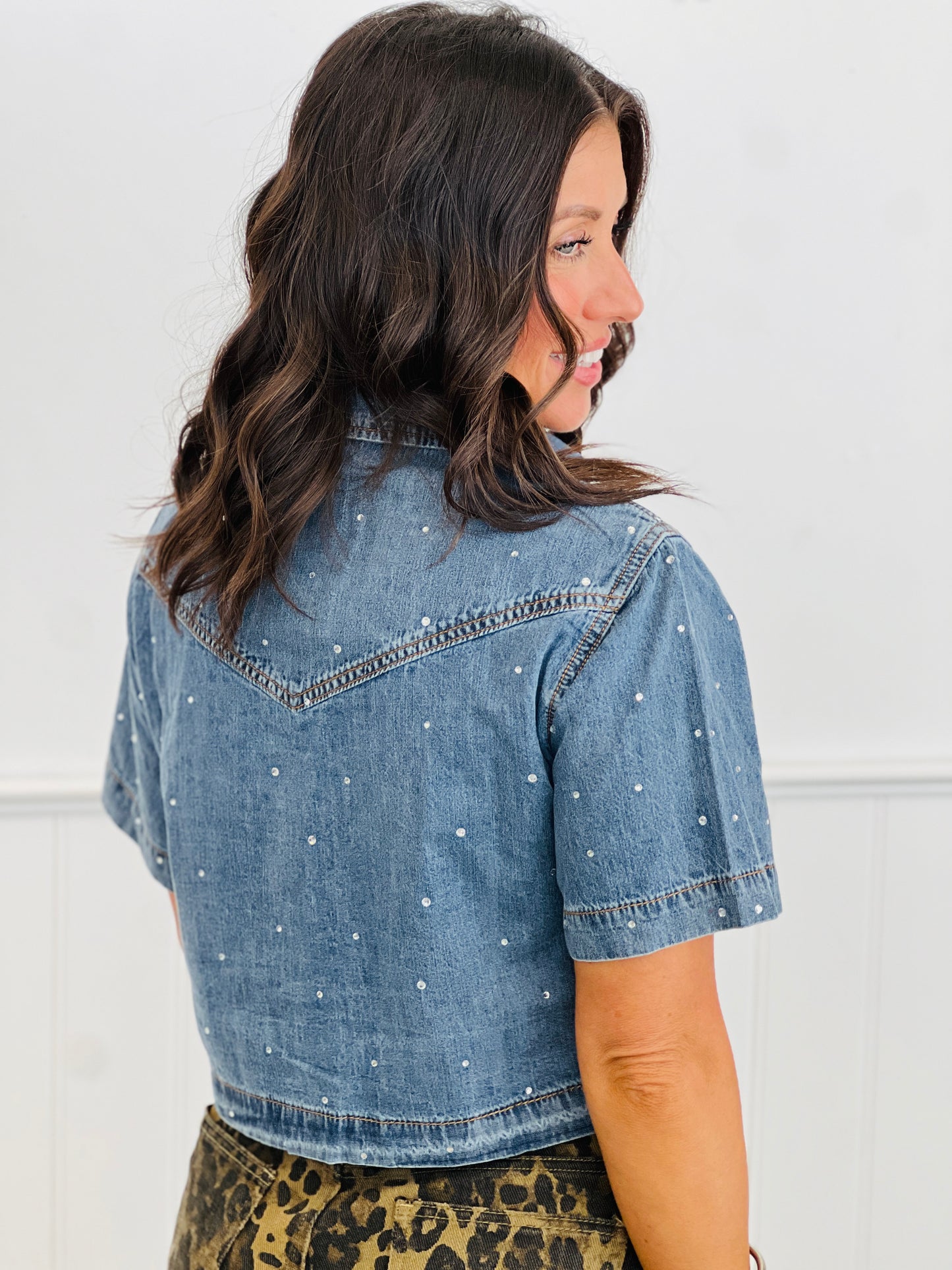 Denim Blue Rhinestone Button Up Top (Reg. and Plus)