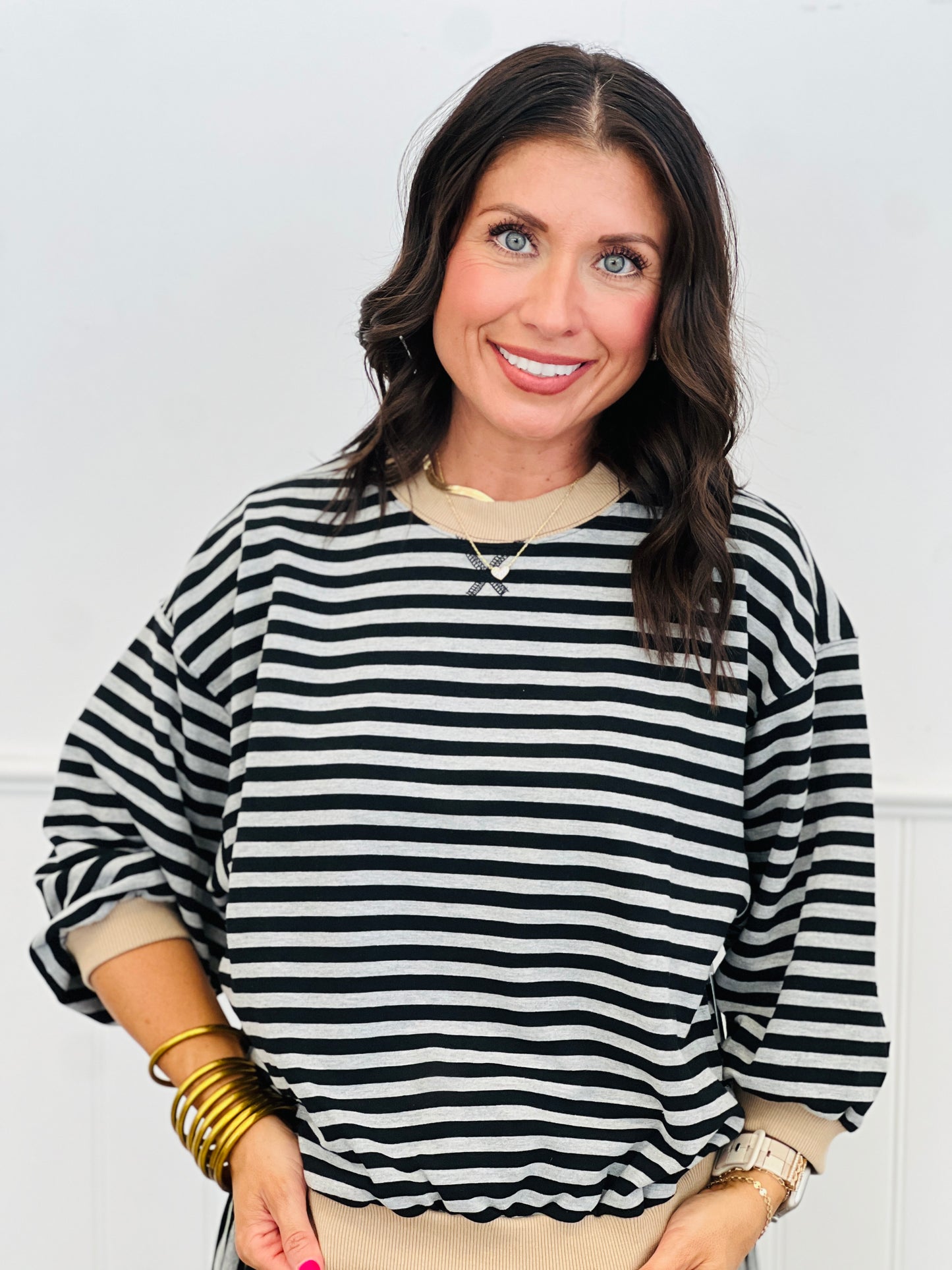 Striped 3/4 Sleeve Sweatshirt (Reg.)- 2 Colors