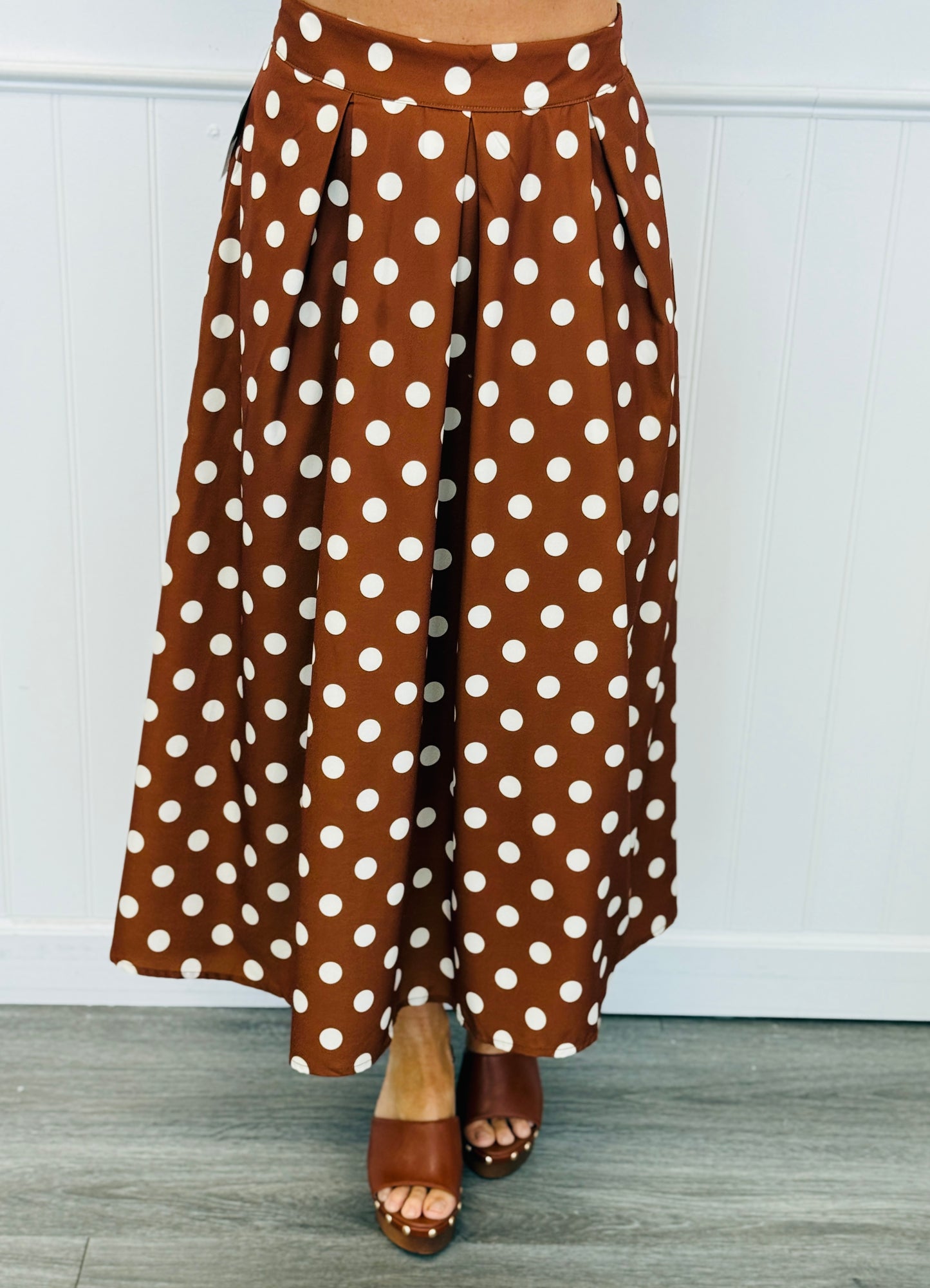 Brown Polka Dot High Waist Midi Skirt (Reg & Plus)