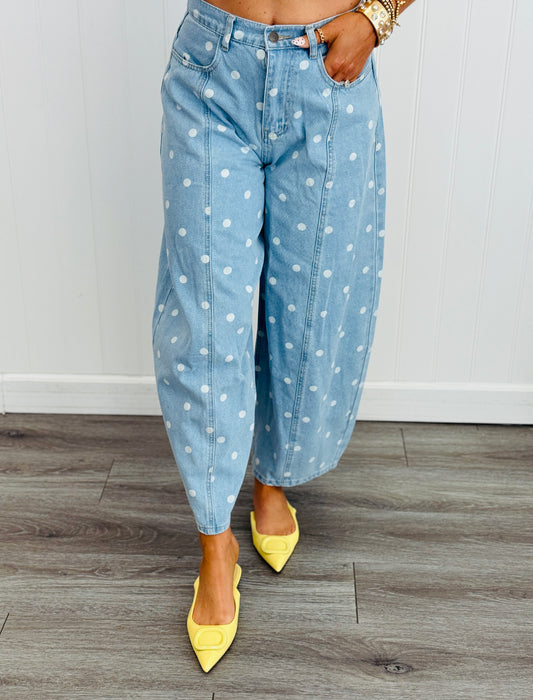 Washed Denim Polka Dot Wide Leg Barrel Pants (Reg.)