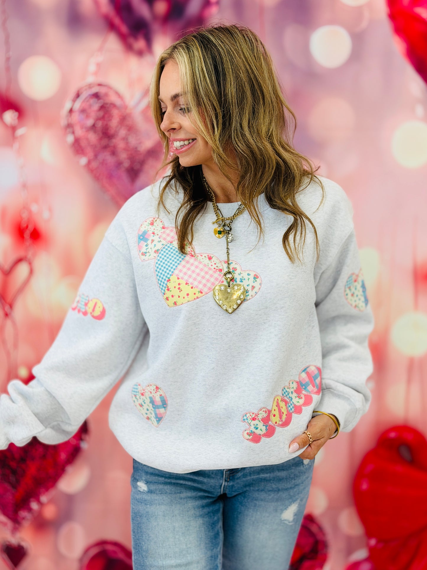 Embroidered Patchwork Hearts XOXO Sweatshirt (Reg.)-2 Colors