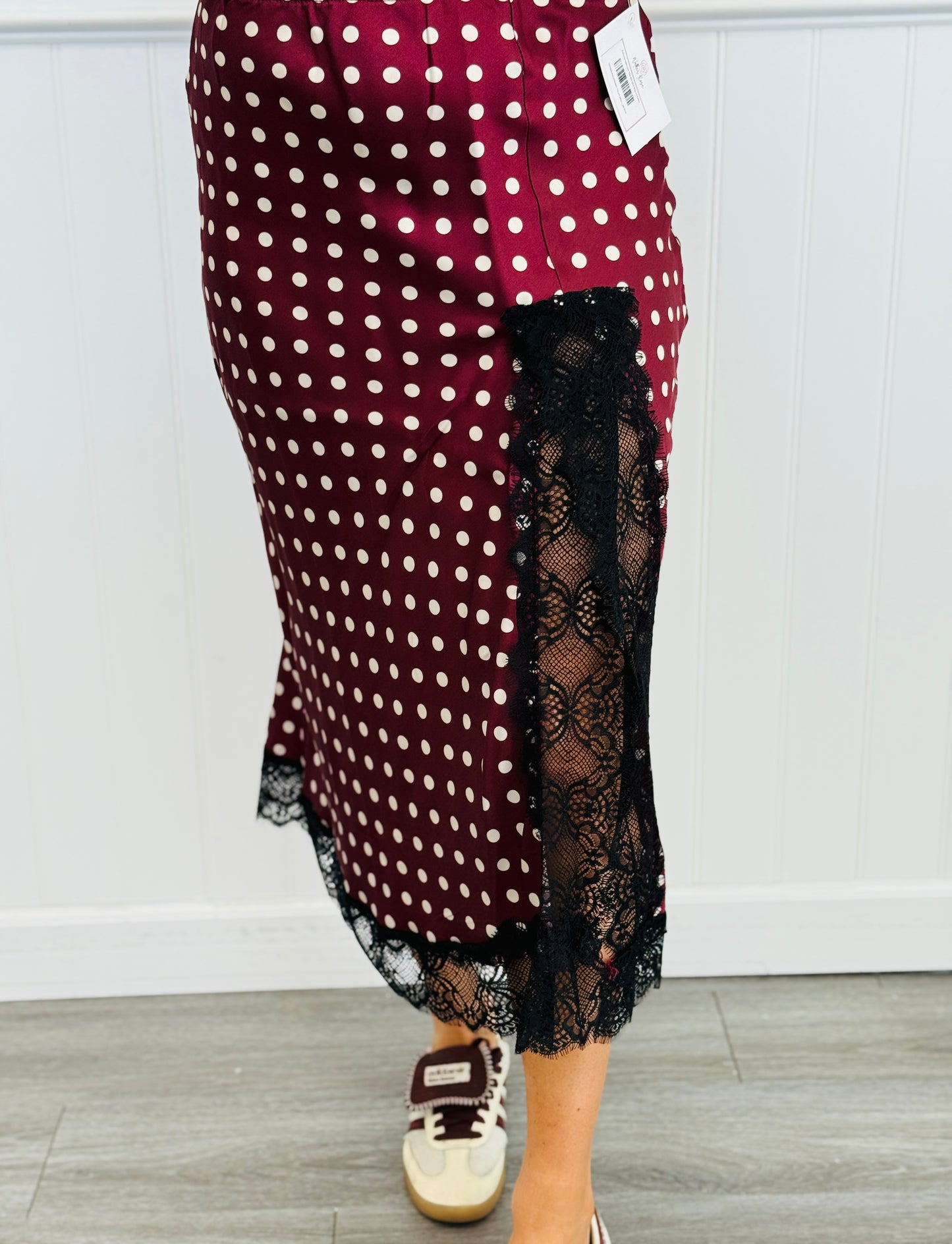 Polka Dot Satin Lace Trim Midi Skirt (Reg.)- 2 Colors