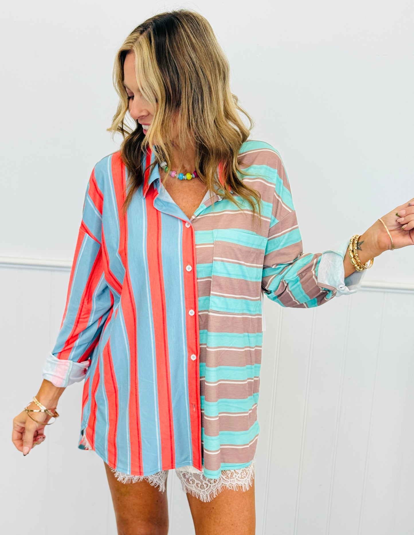 Mint Green Color Block Striped Shirt (Reg & Plus)
