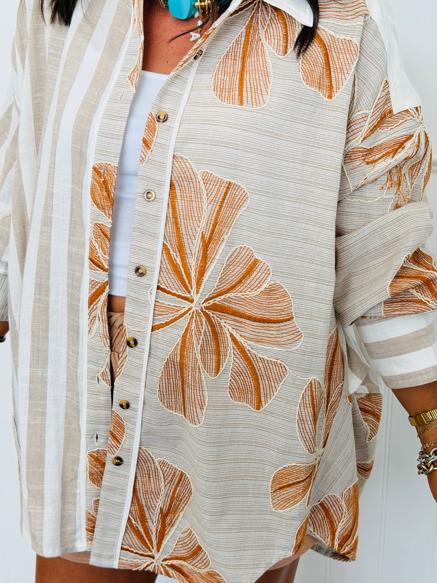 Burnt Orange Mixed Print Button Down Shirt (Reg. and Plus)