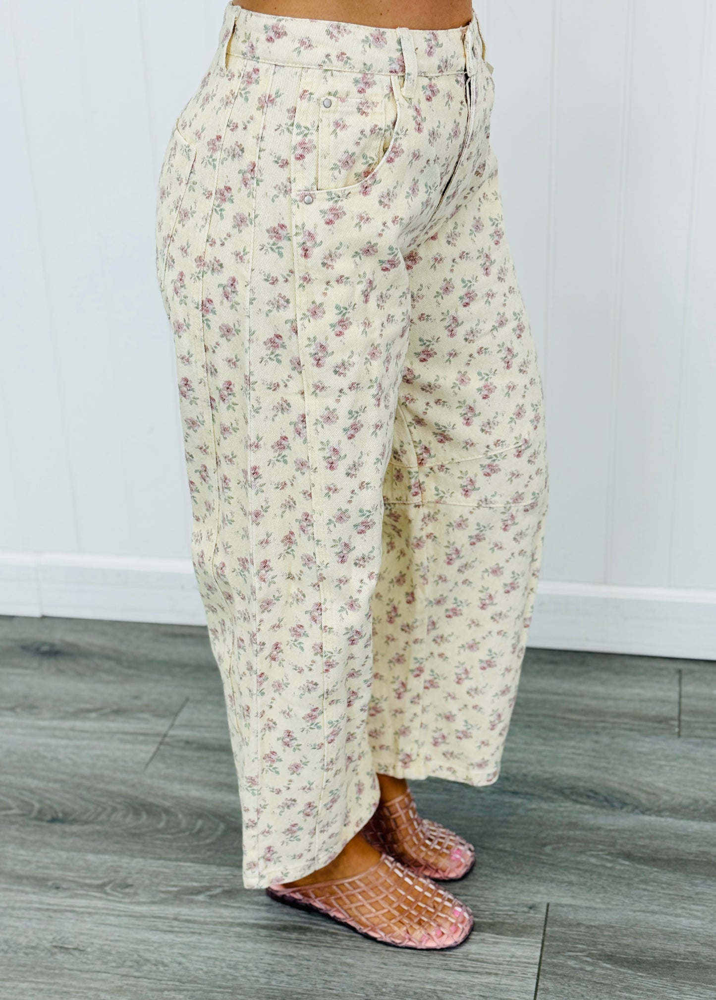 Cream Ditzy Maroon Barrel Pants (Reg. and Plus)