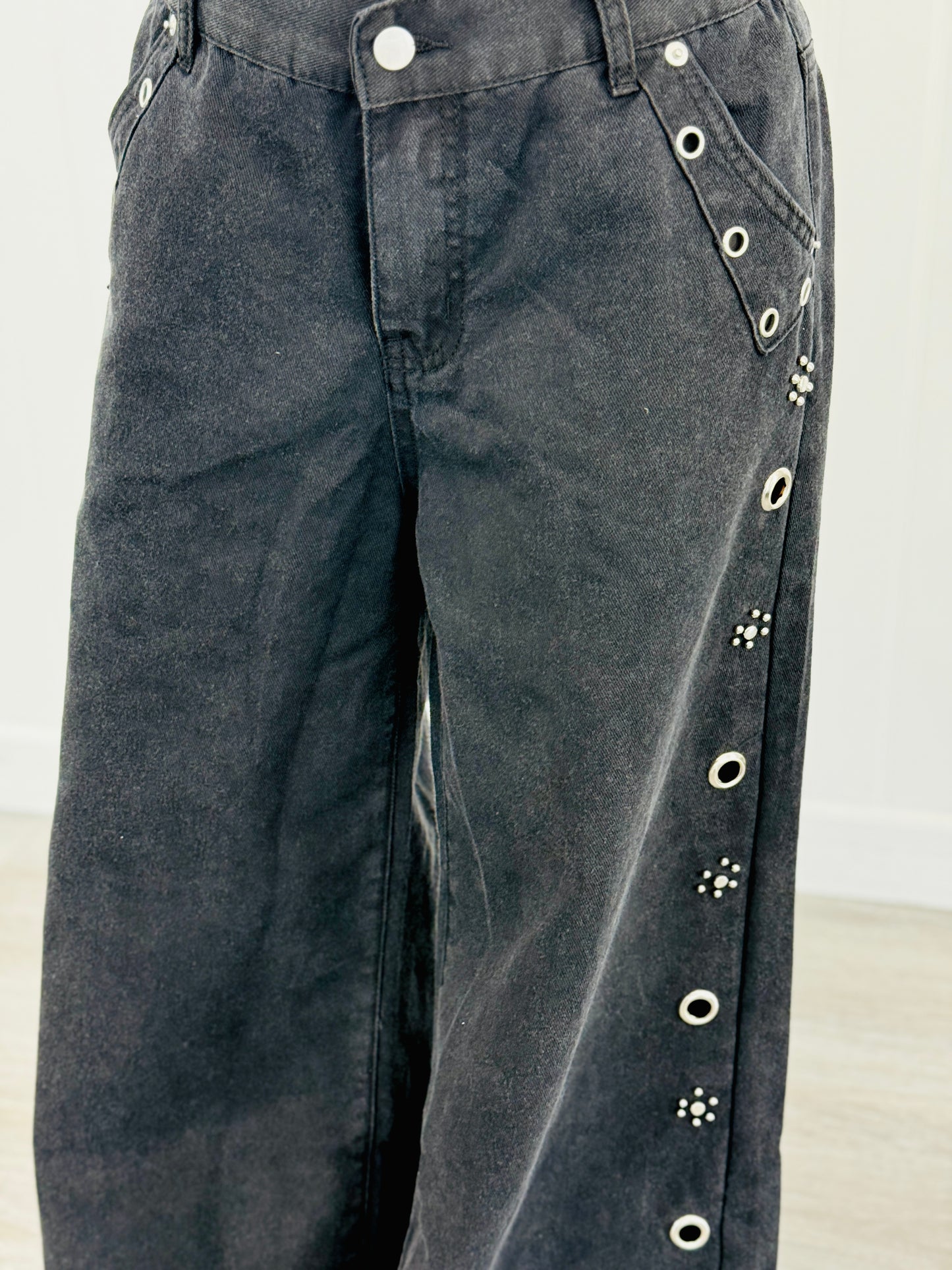 POL Black Eyelet Stud Detailing Trim Wide Leg Pants (Reg.)
