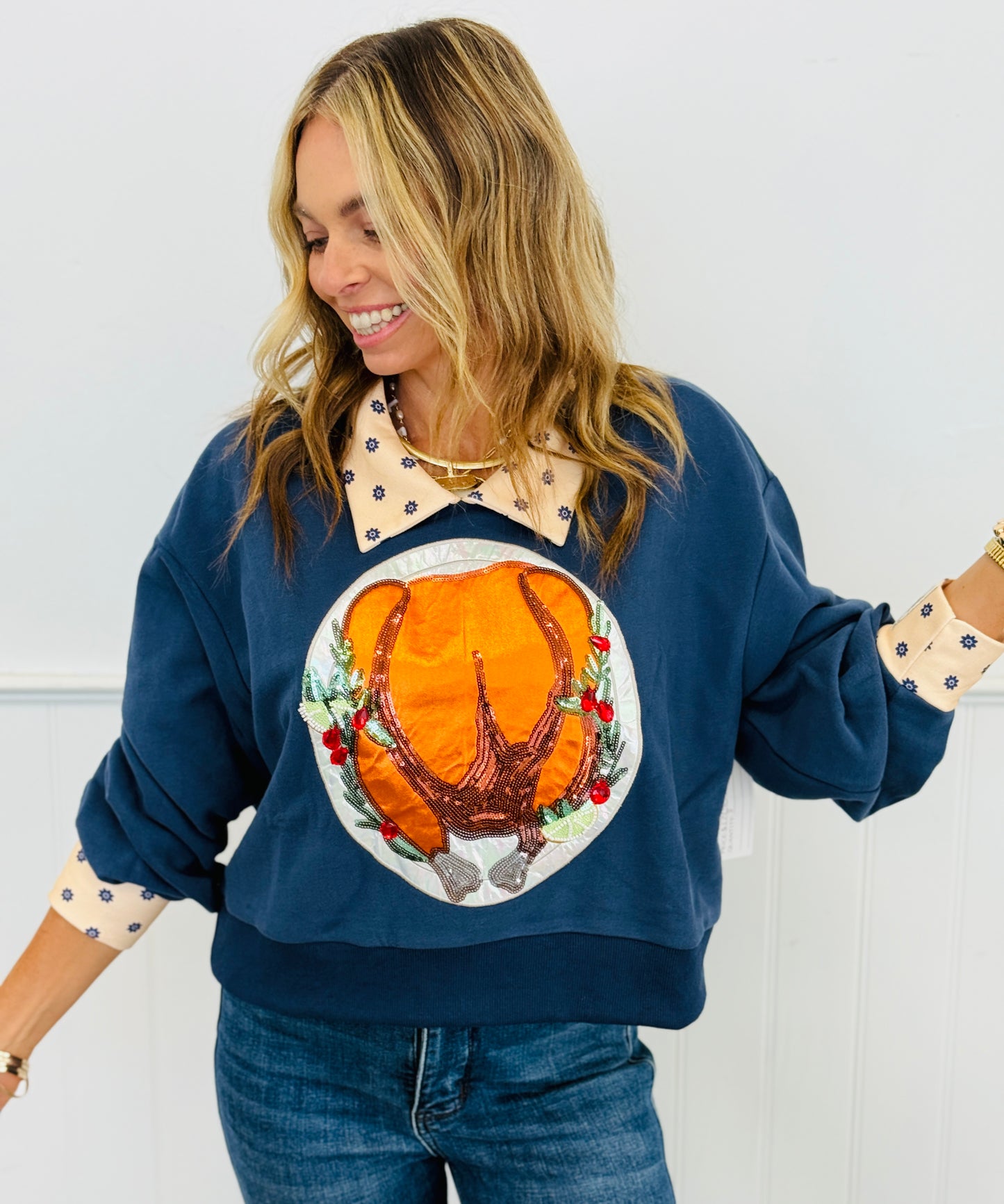 Queen Of Sparkles Navy Polka Dot Collar Turkey Sweatshirt (Reg. and Plus)