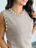 Mocha Pearl Detail Round Neck Sleeveless Top (Reg.)