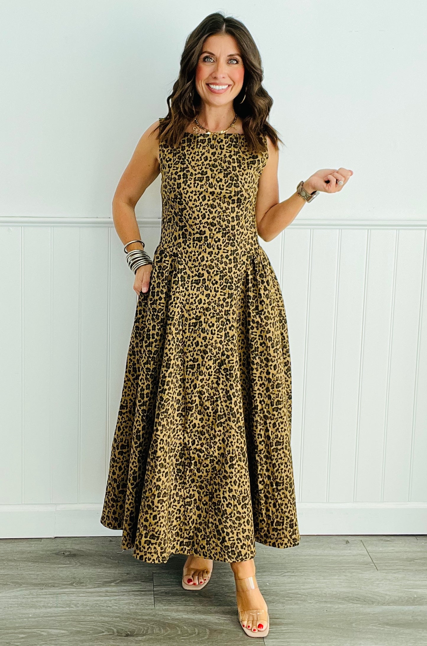Leopard Scoop Back Midi Dress (Reg)