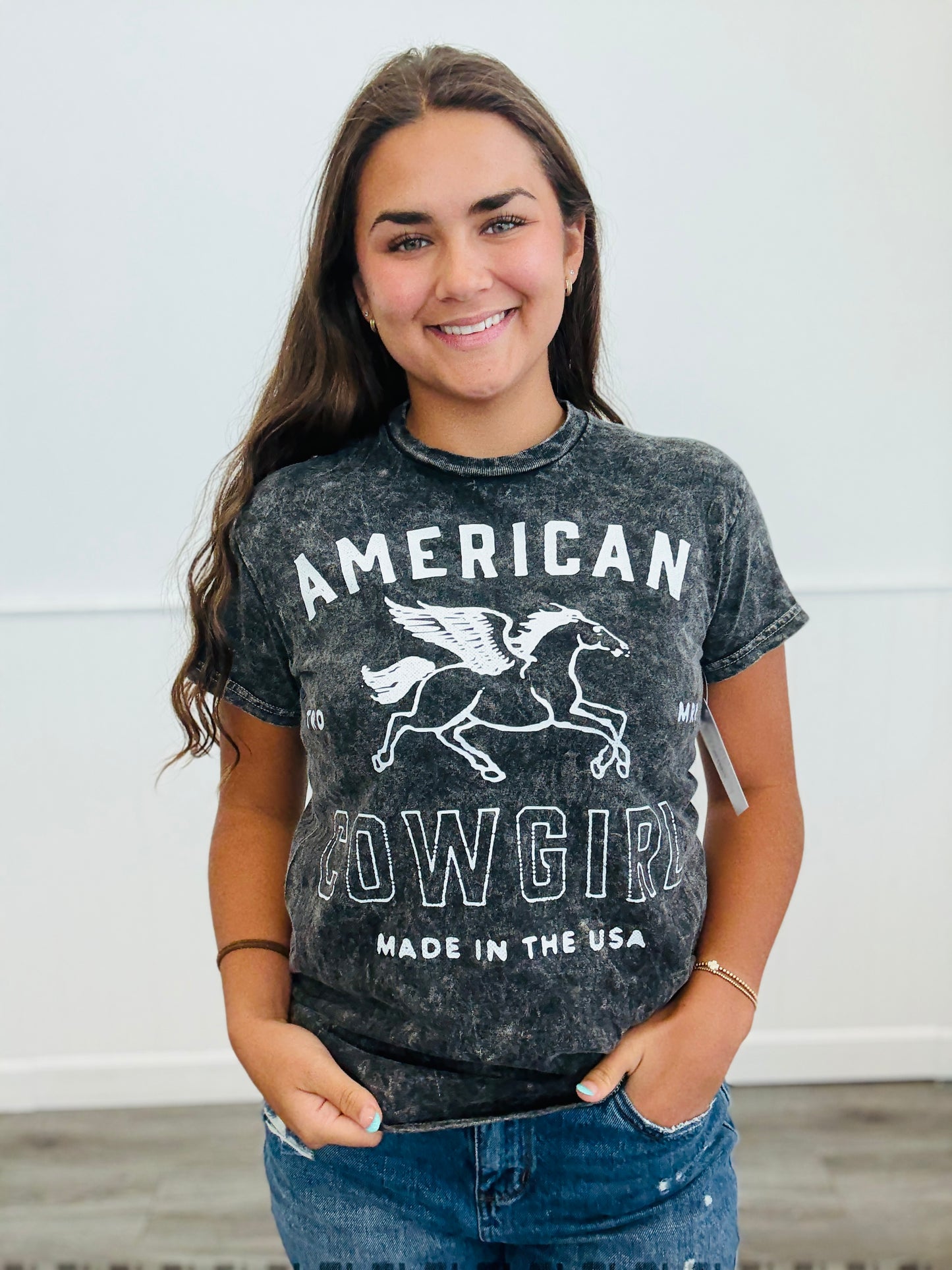 Black American Cowgirl Mineral Washed Tee (Reg. and Plus)