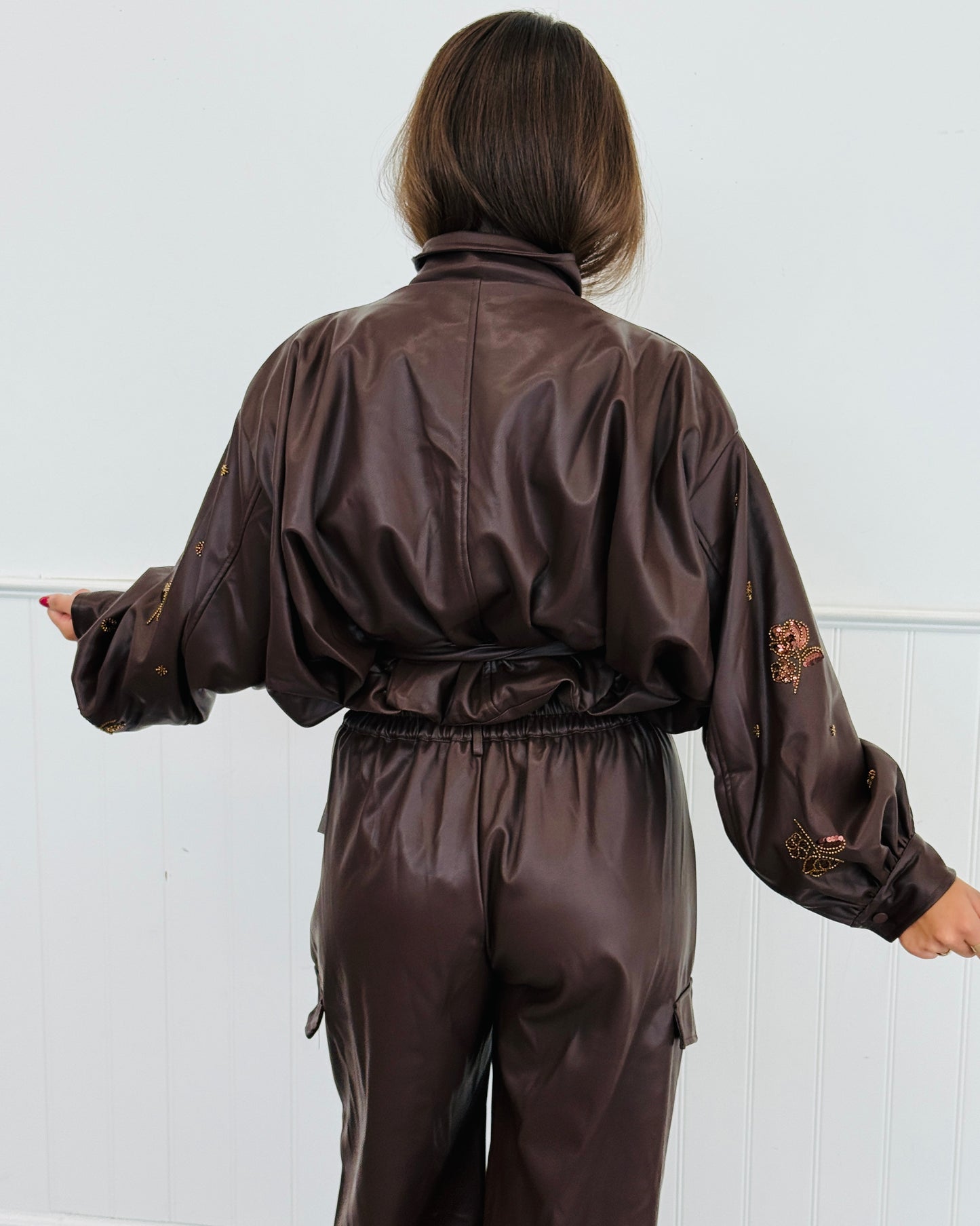 Coffee Floral Sequin Zip Up Jacket (Reg.)