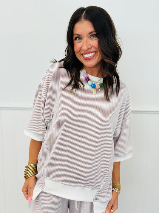 Ivory/Red Contrast Trim Striped Tee Top (Reg & Plus)