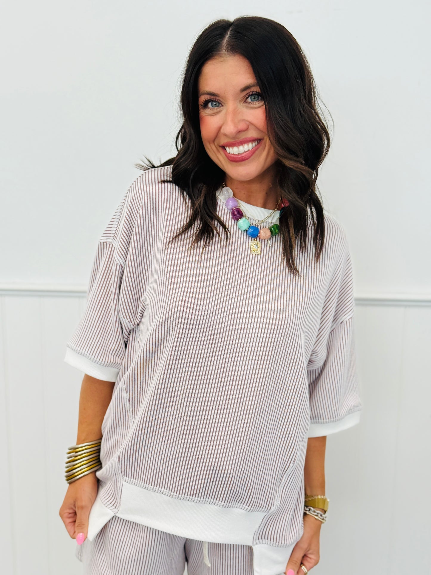Ivory/Red Contrast Trim Striped Tee Top (Reg & Plus)