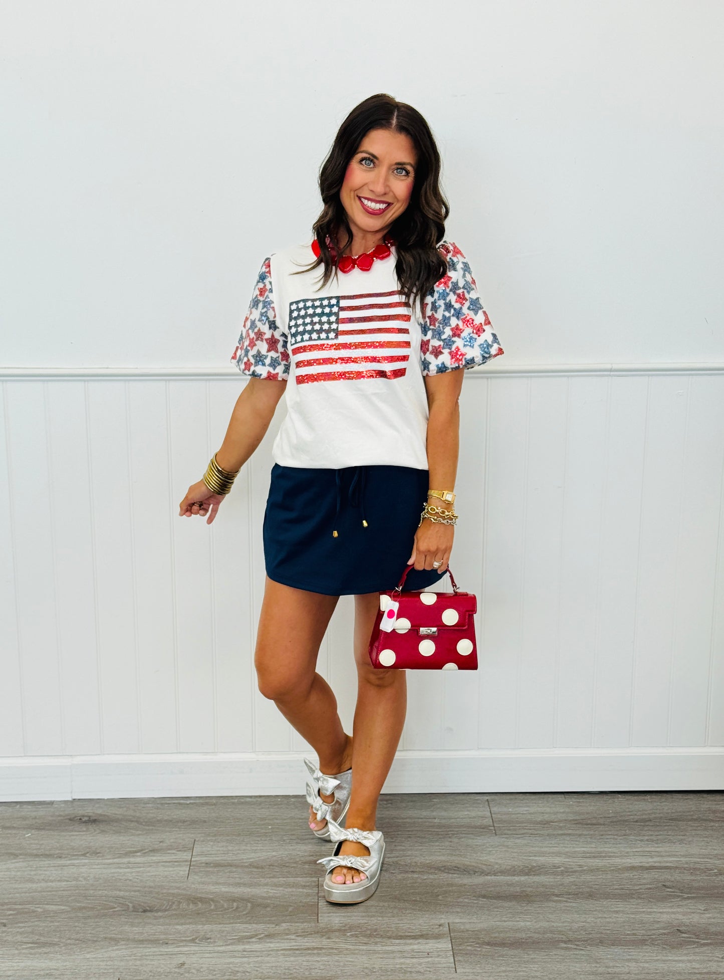 USA Flag Sequin Star Sleeve Top (Reg. & Plus)