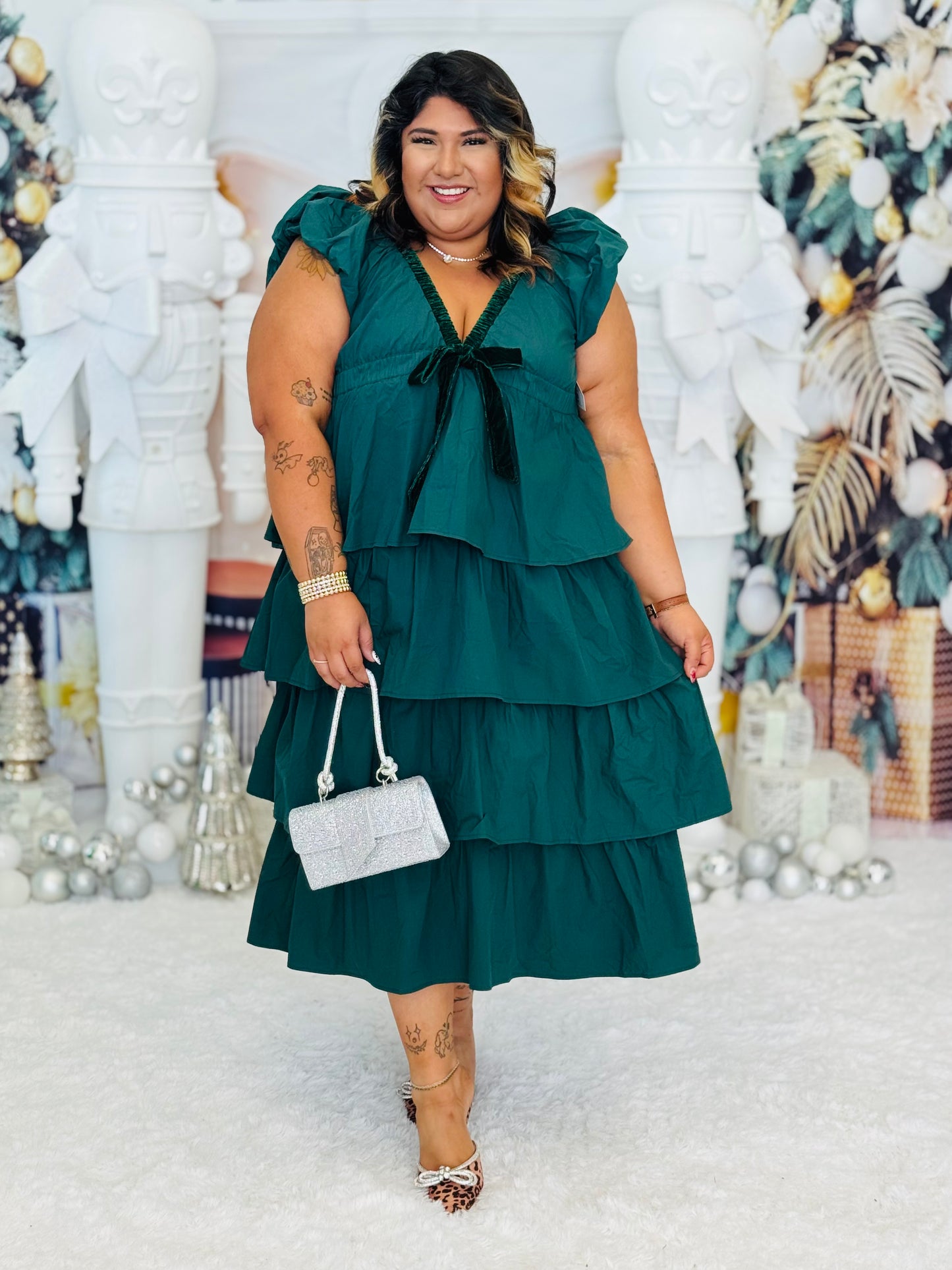 Velvet Trim V-Neck Tiered Maxi Dress (Reg & Plus)