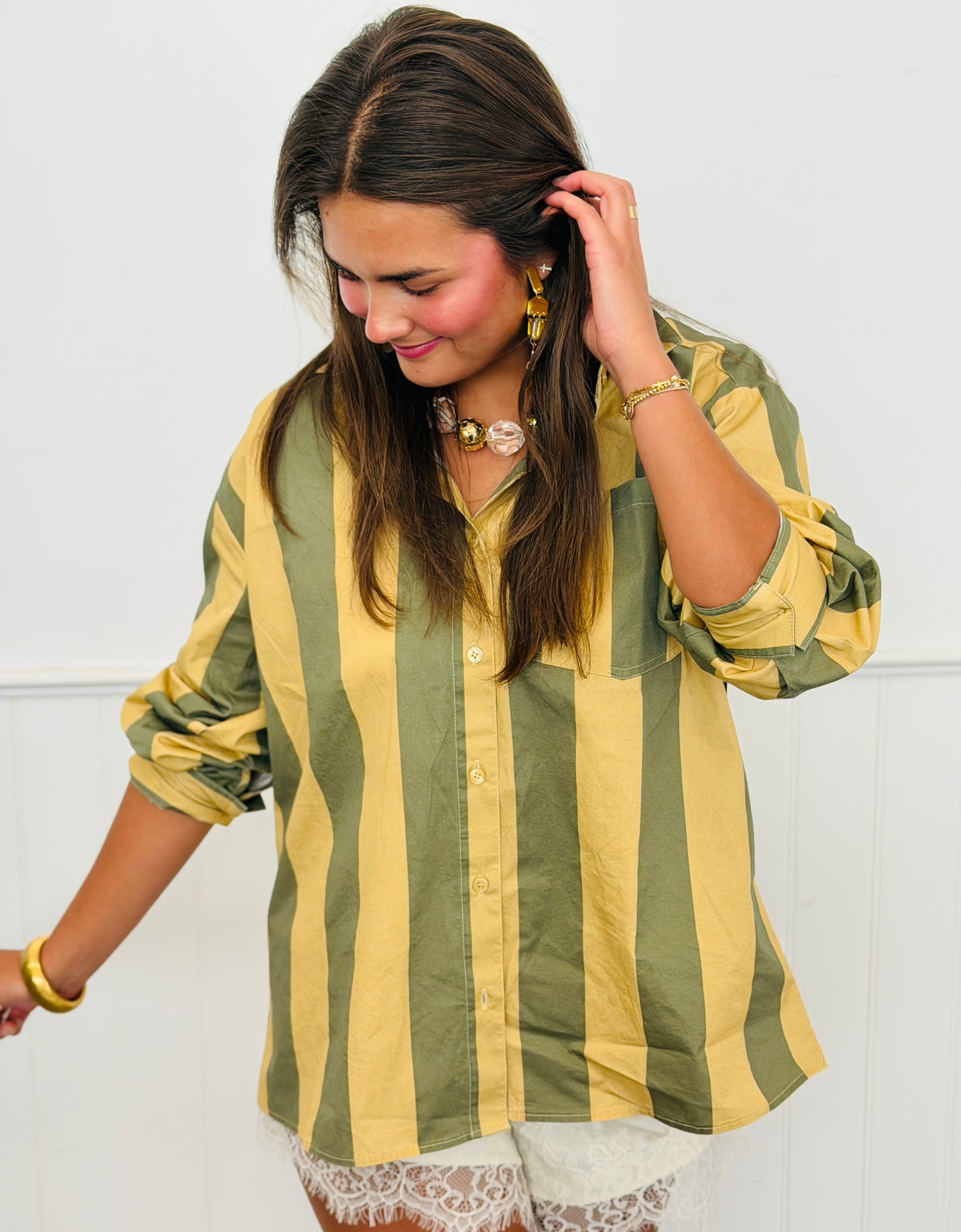 Olive/Beige Vintage Striped Long Sleeve Shirt (Reg.)