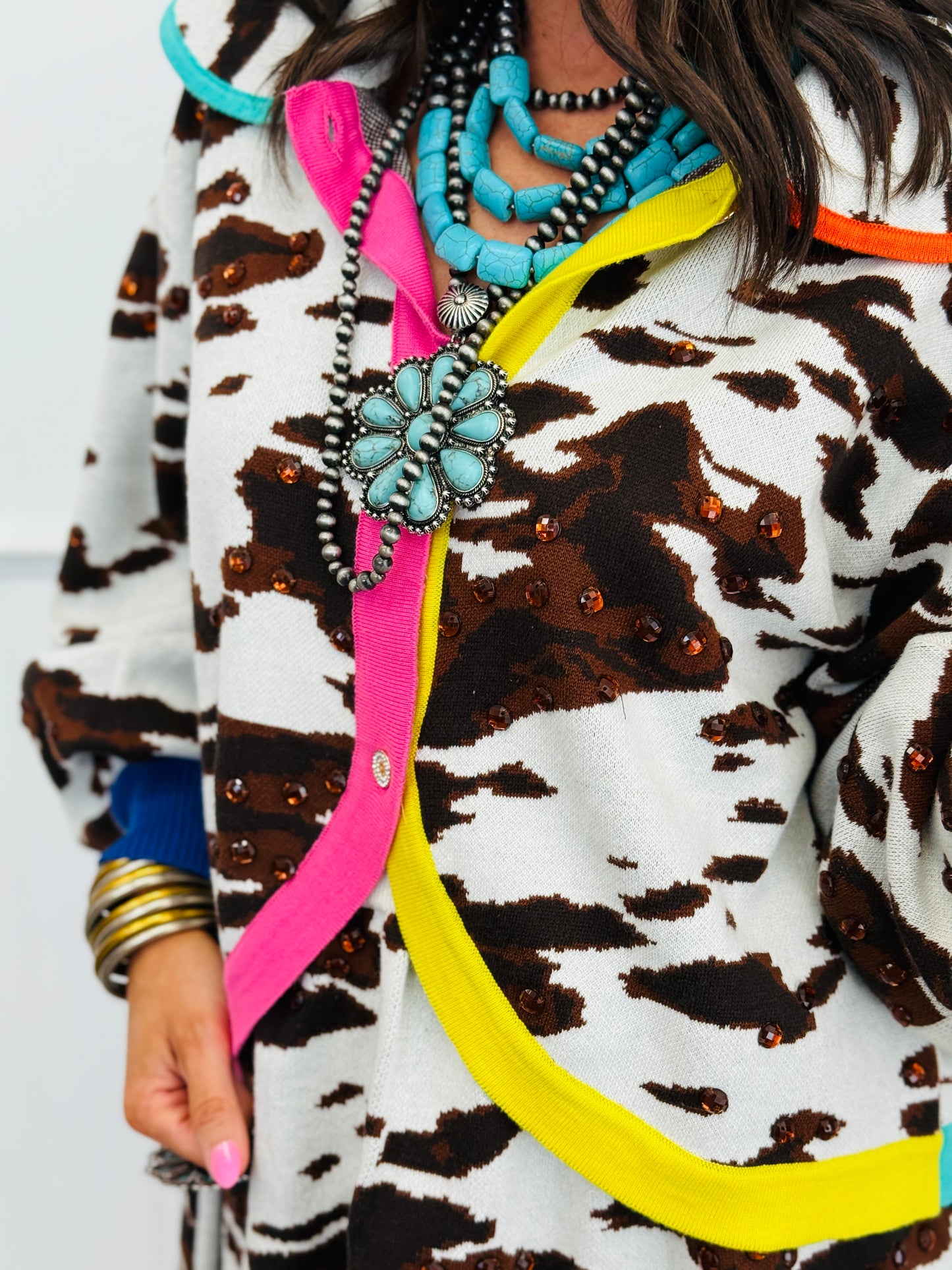 Queen Of Sparkles White & Brown Cow Print Cardigan (Reg. & Plus)