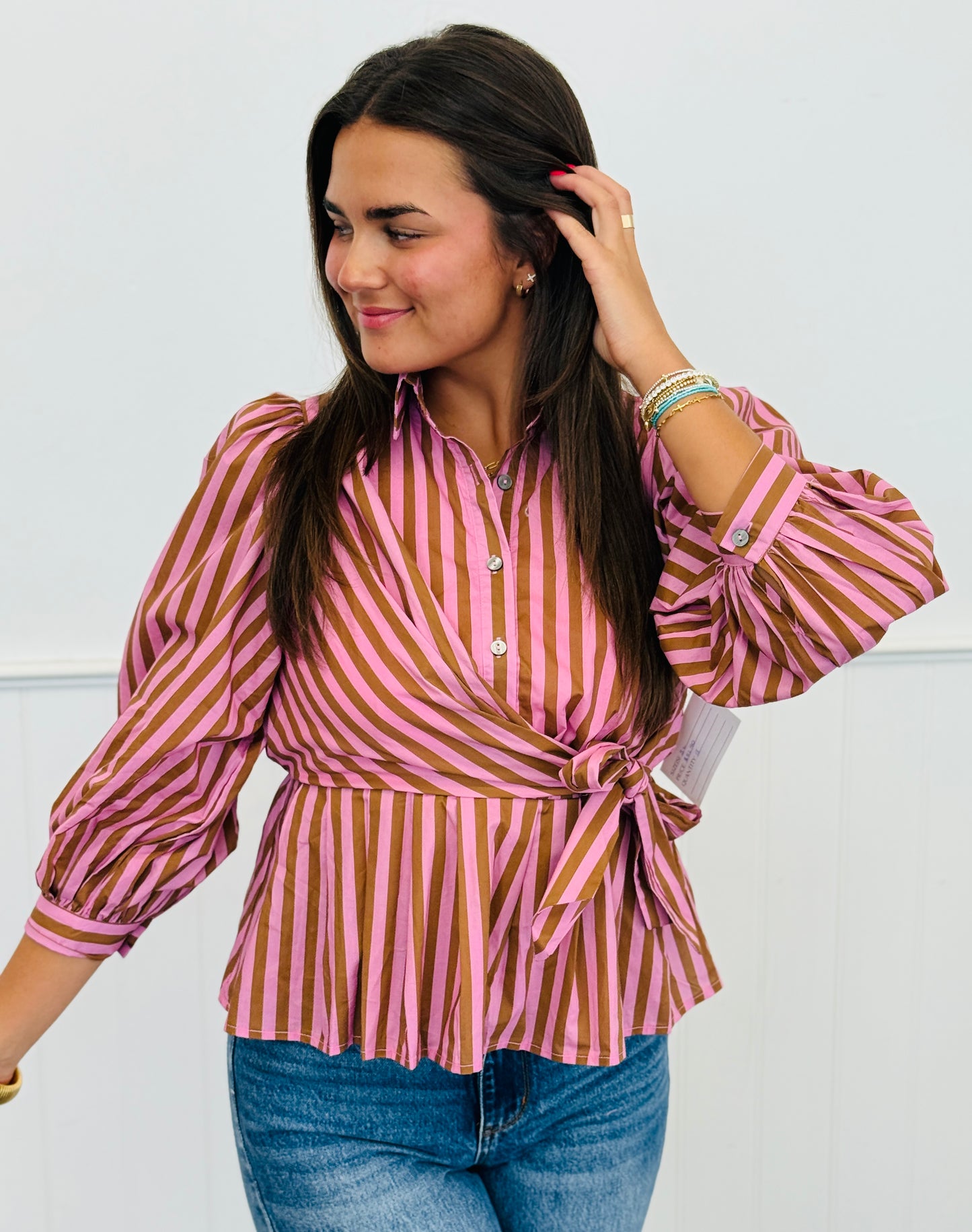 Camel/Pink Striped Button Up Blouse (Reg.)