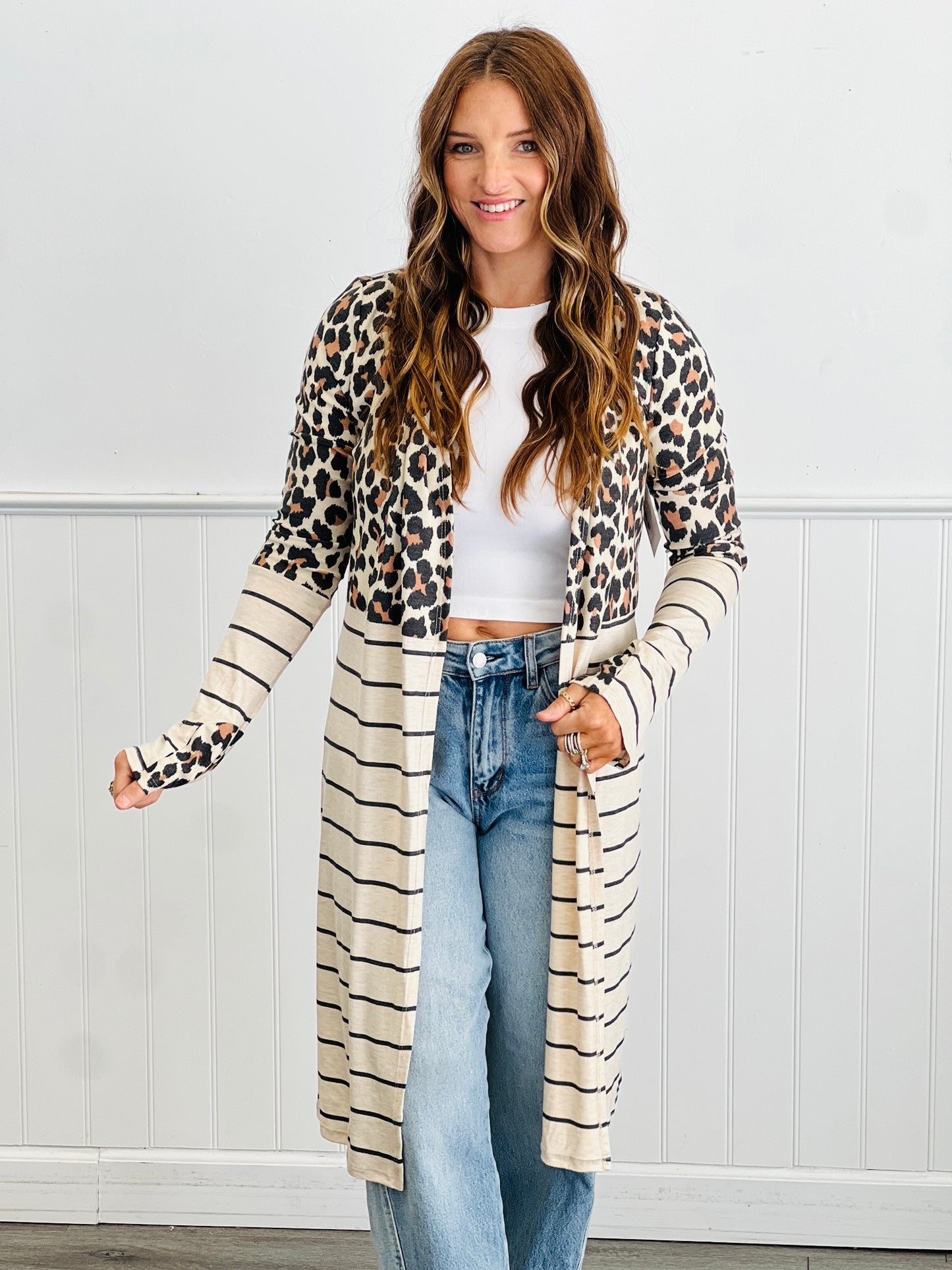 Color Block Leopard & Stripes Longline Cardigan (Reg & Plus)
