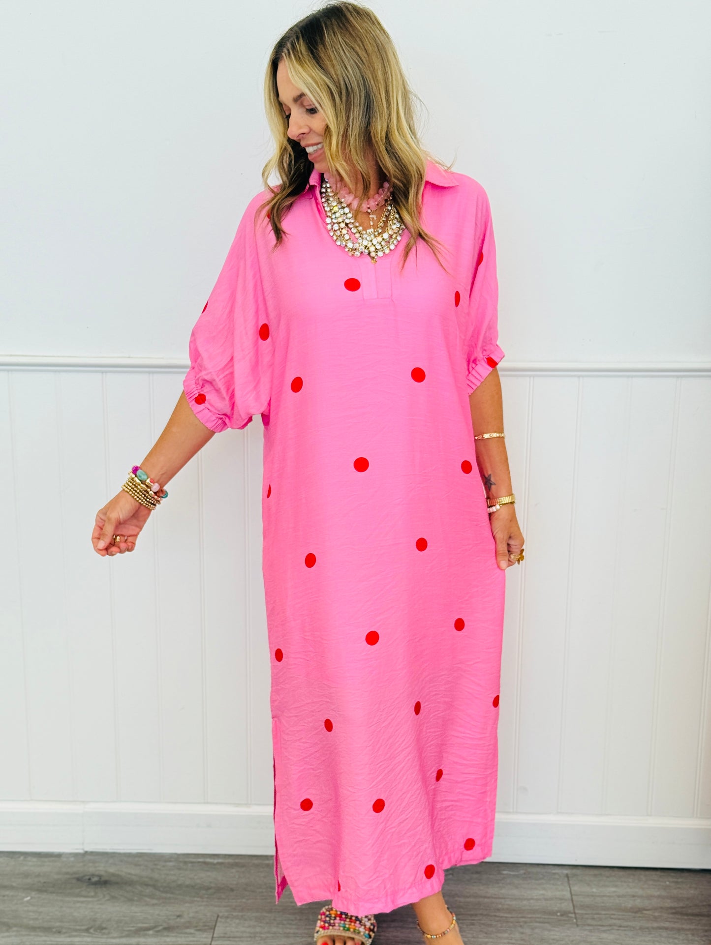 Pink Polka Dot Side Sit Midi Dress (Reg.)