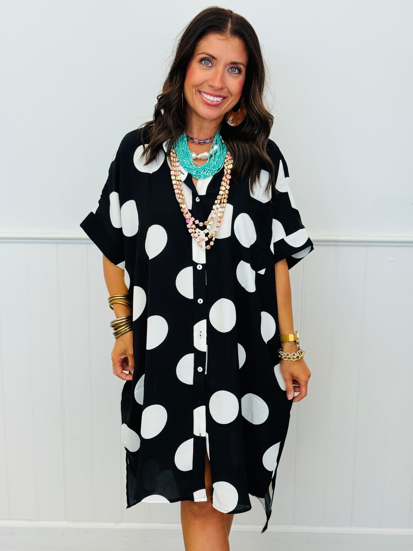 Black/White Polka Dot Shirt Dress (Reg & Plus)
