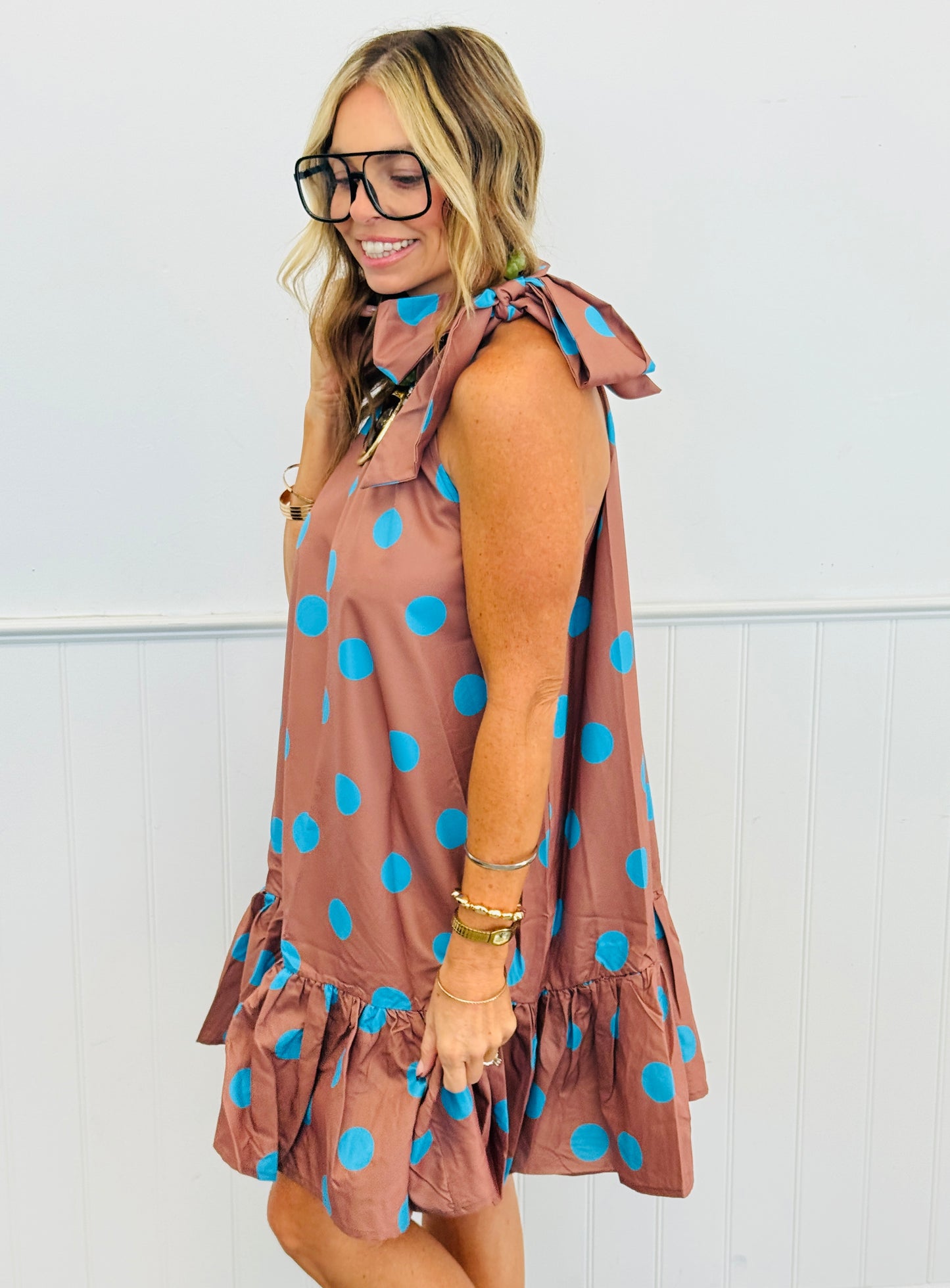 Camel Polka Dot Adjustable Tie Neck Sleeveless Mini Dress (Reg.)