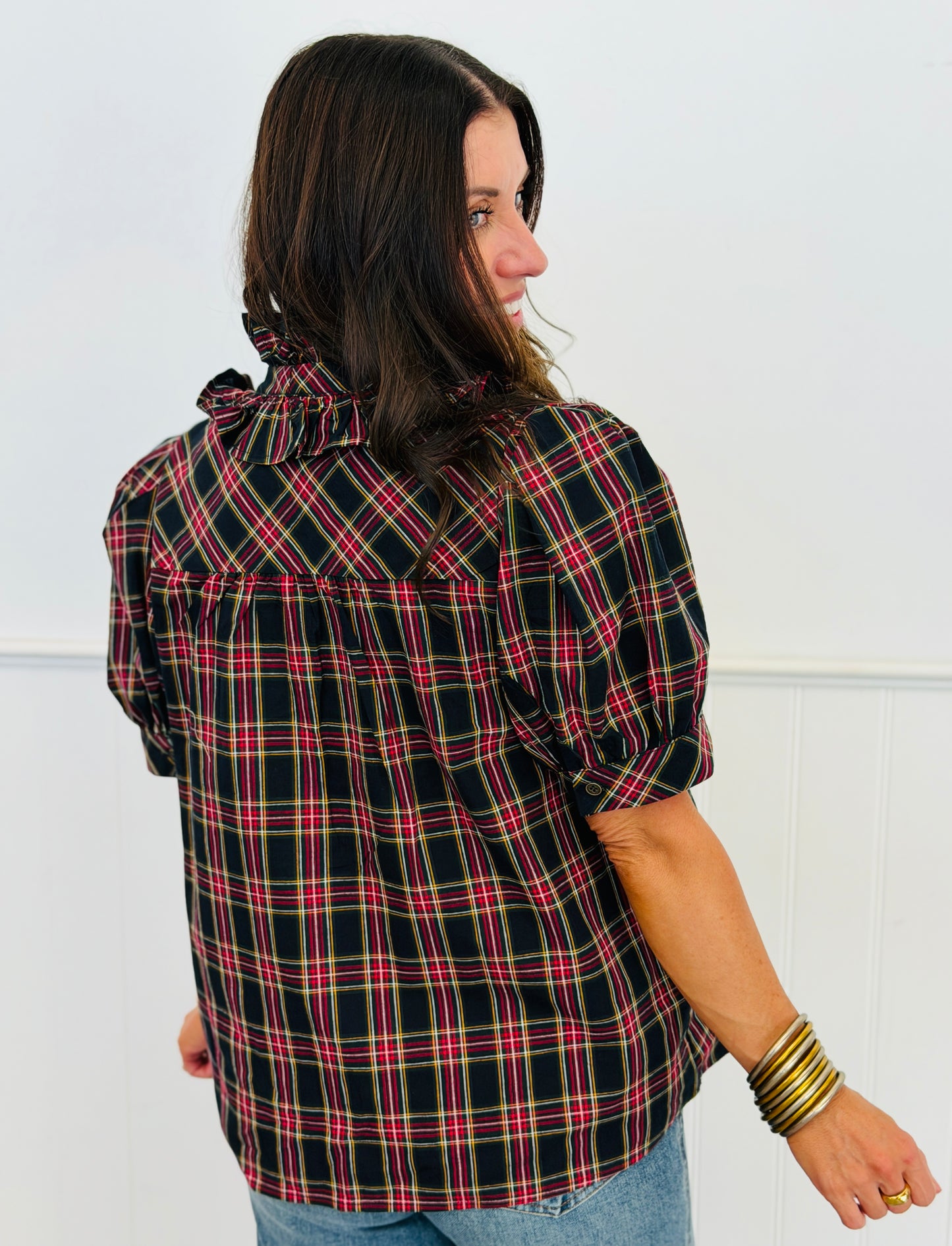 Plaid Tie Neck Puff Sleeve Top (Reg.) - 4 Colors