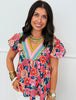 Navy/Peach Floral Puff Sleeve Blouse (Reg. and Plus)