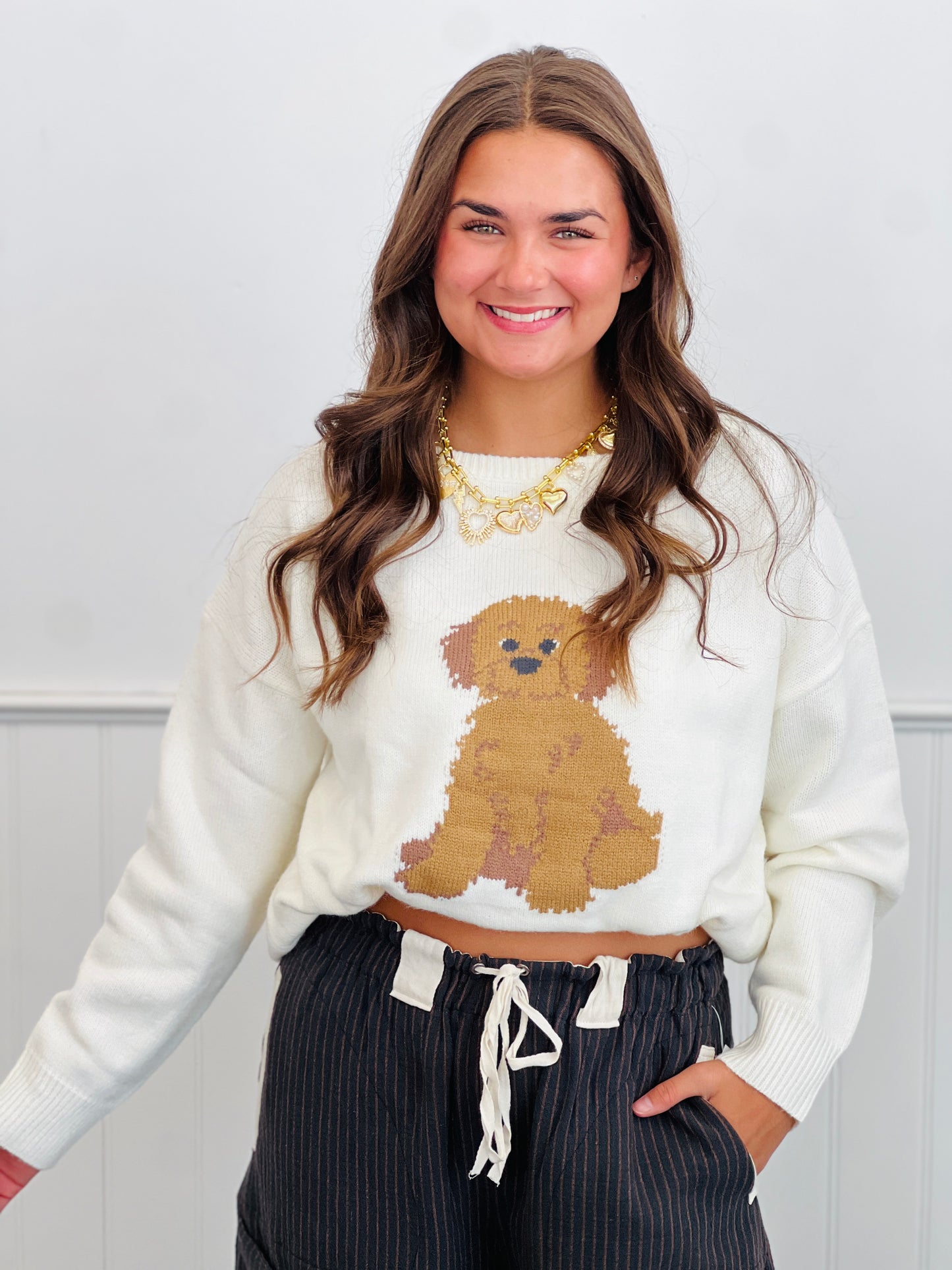 White Long Sleeve Goldendoodle Sweater Top (Reg.)