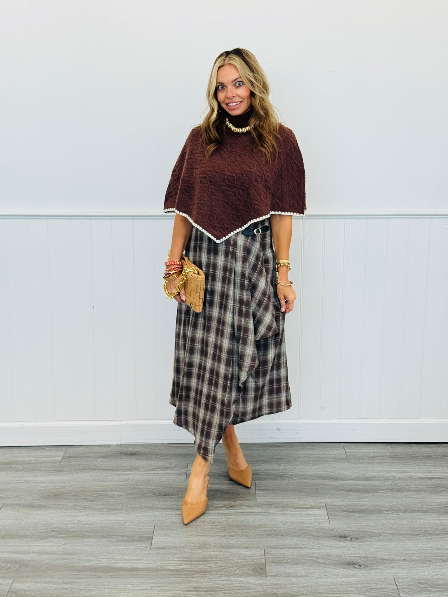 Brown Cable Knit Sweater Poncho Top (Reg.)