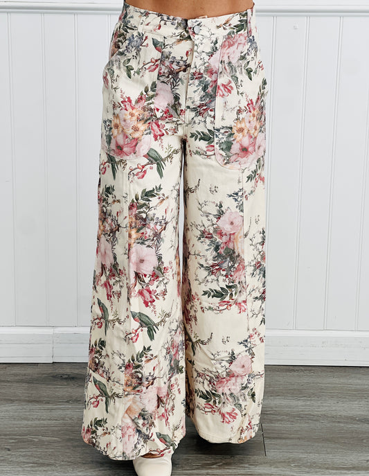 Cream Floral Wide Leg Pants (Reg. and Plus)