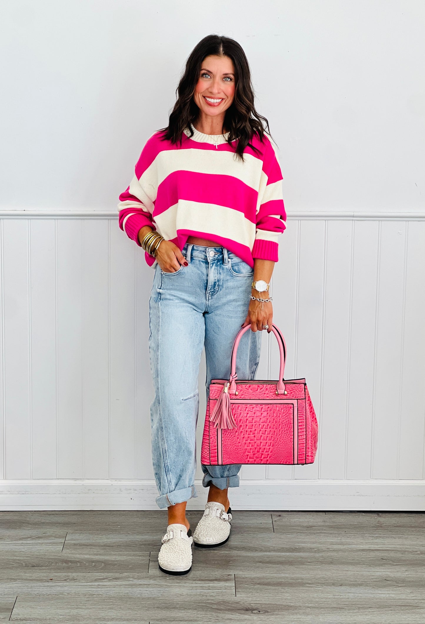 Cream/Hot Pink Pullover Sweater Top (Reg.)