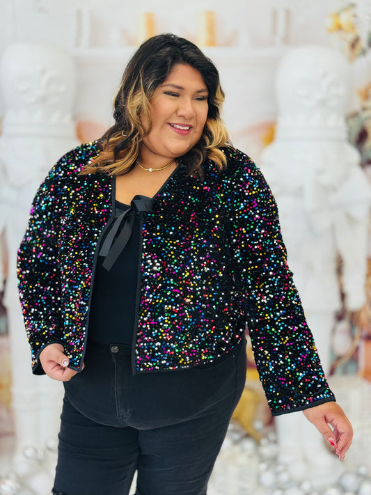 Black Multi Sequin Self Tie Cardigan (Reg. and Plus)