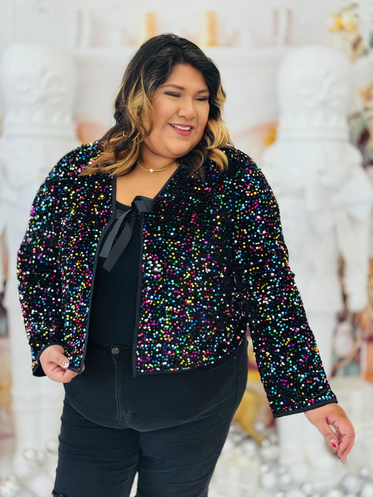Black Multi Sequin Self Tie Cardigan (Reg. and Plus)