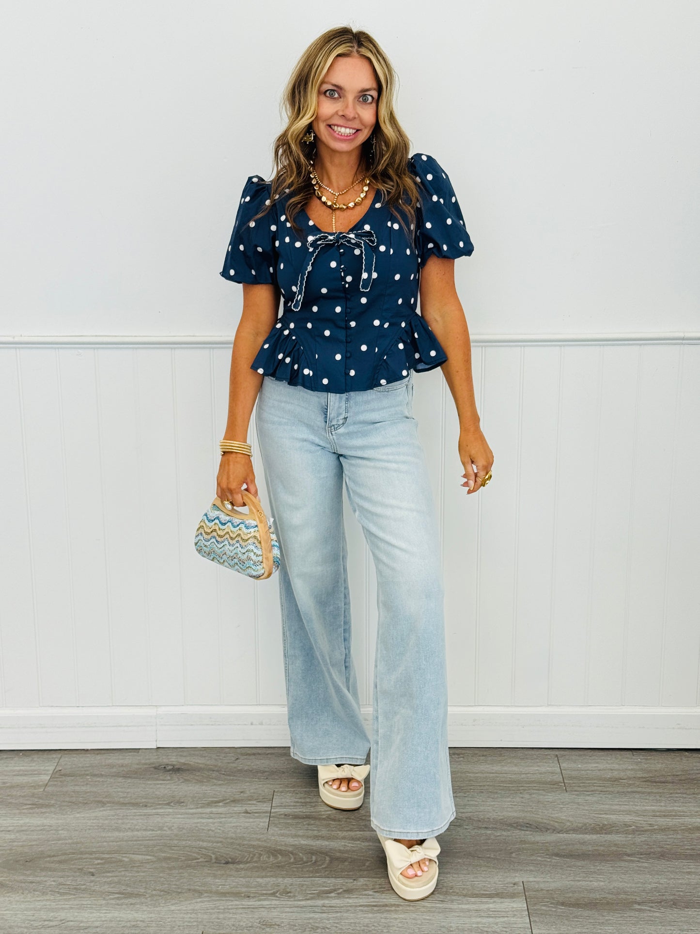 Navy Polka Dot Bubble Sleeve Blouse (Reg.)