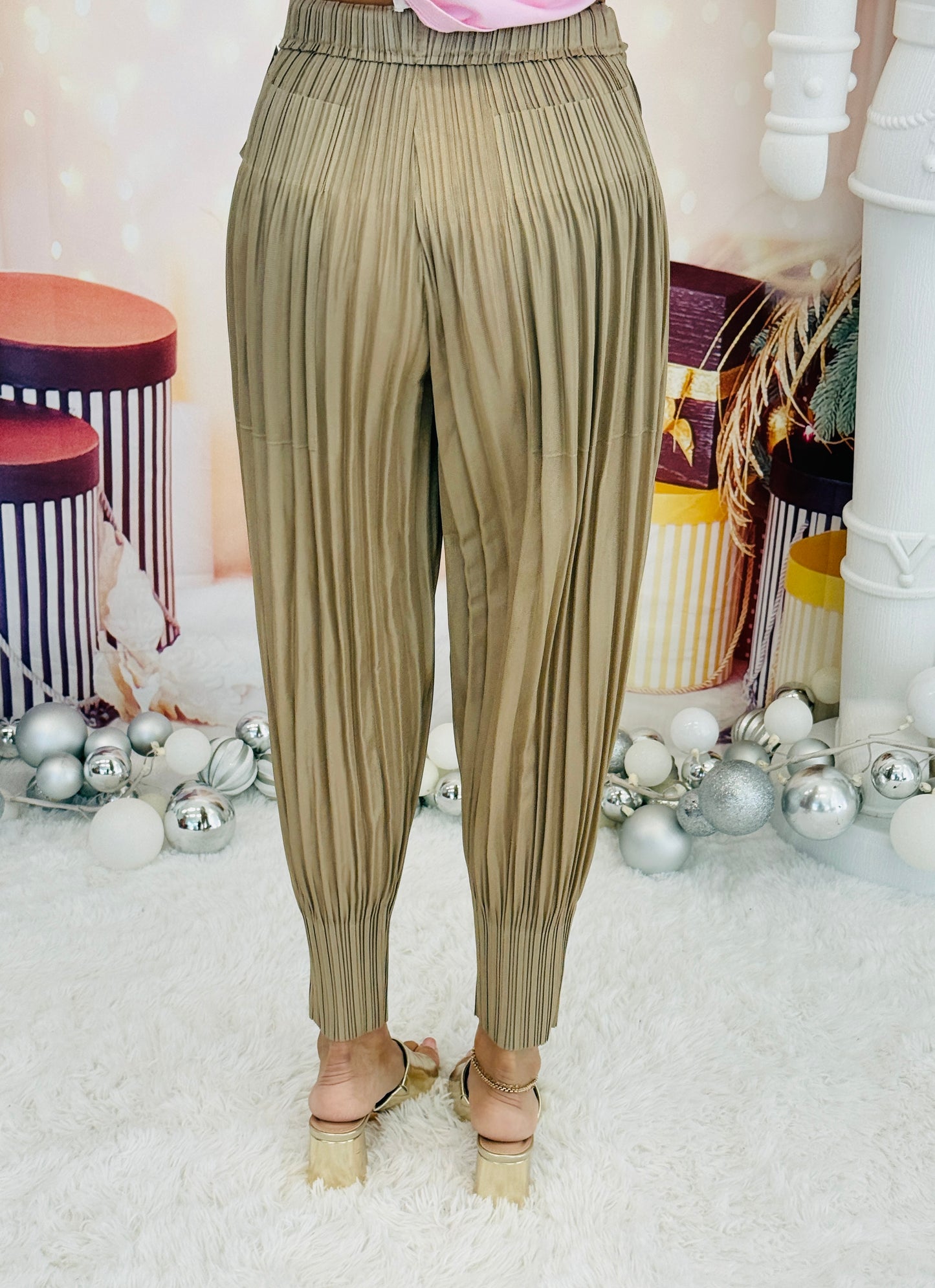 Taupe Plissé Tapered Jogger Pants (Reg. and Plus)