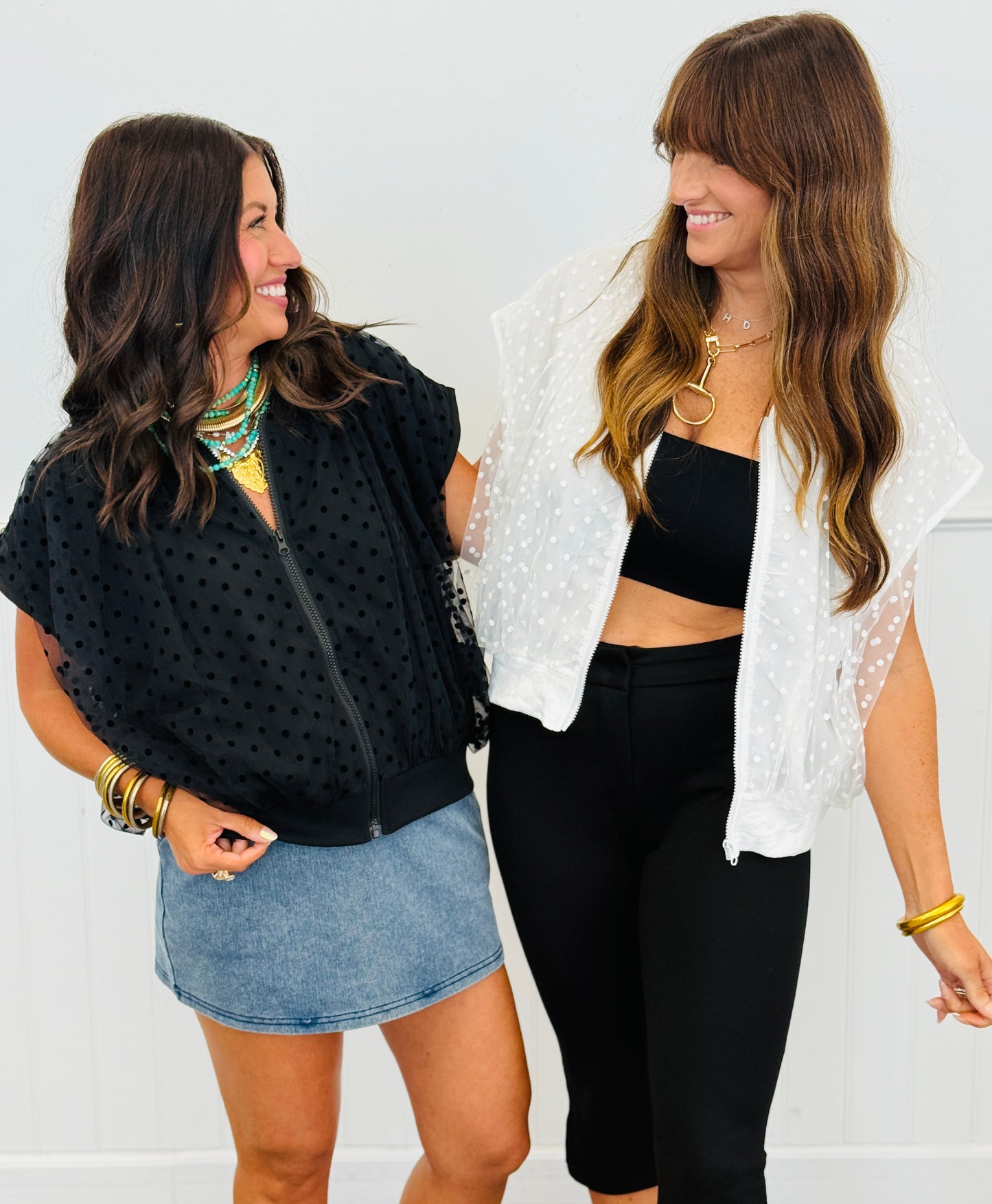 Polka Dot Sheer Mesh Sleeveless Zip Up Jacket (One Size) - 2 Colors
