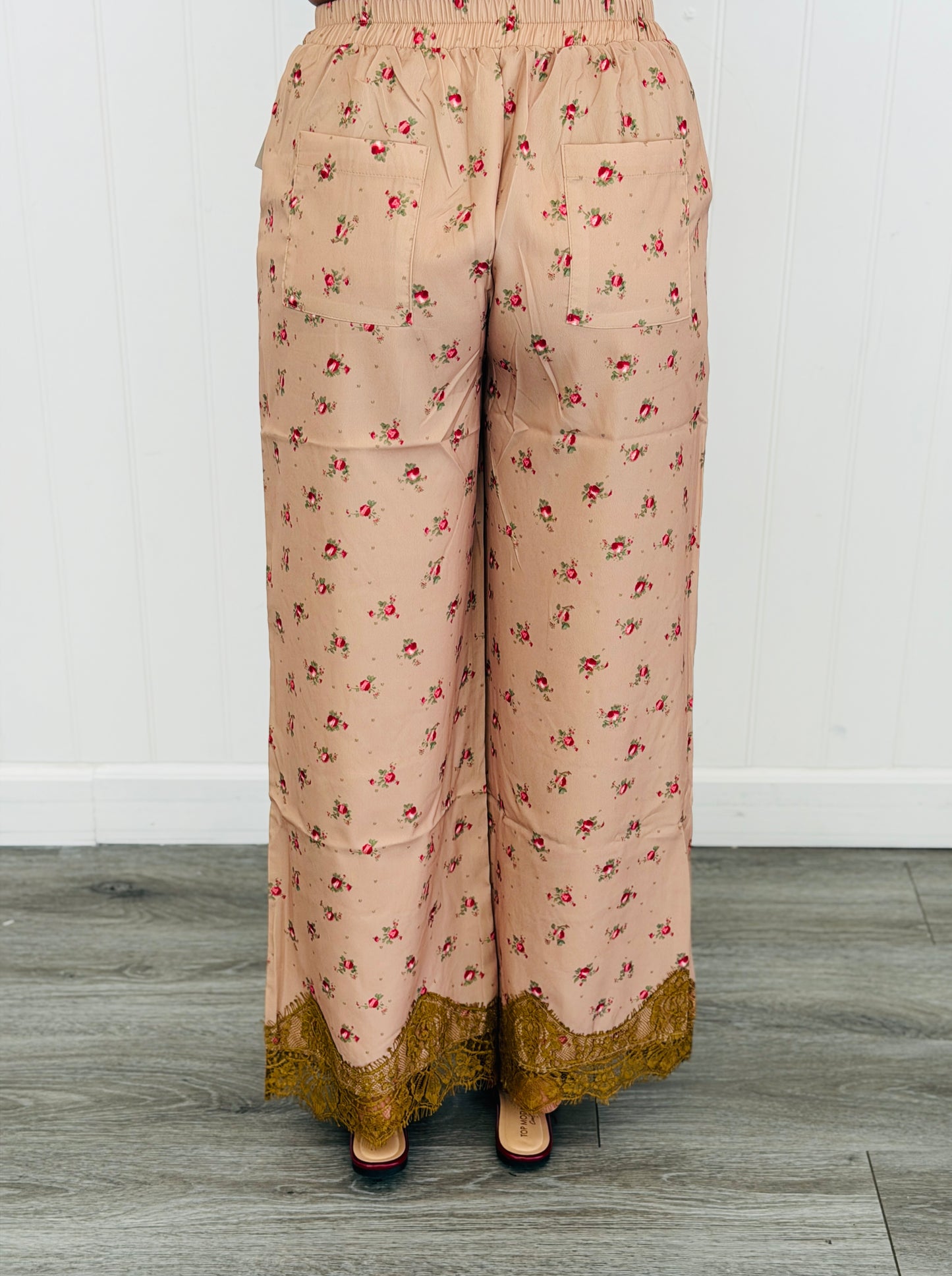 Taupe Floral Print Lace Wide Leg Pants (Reg.)