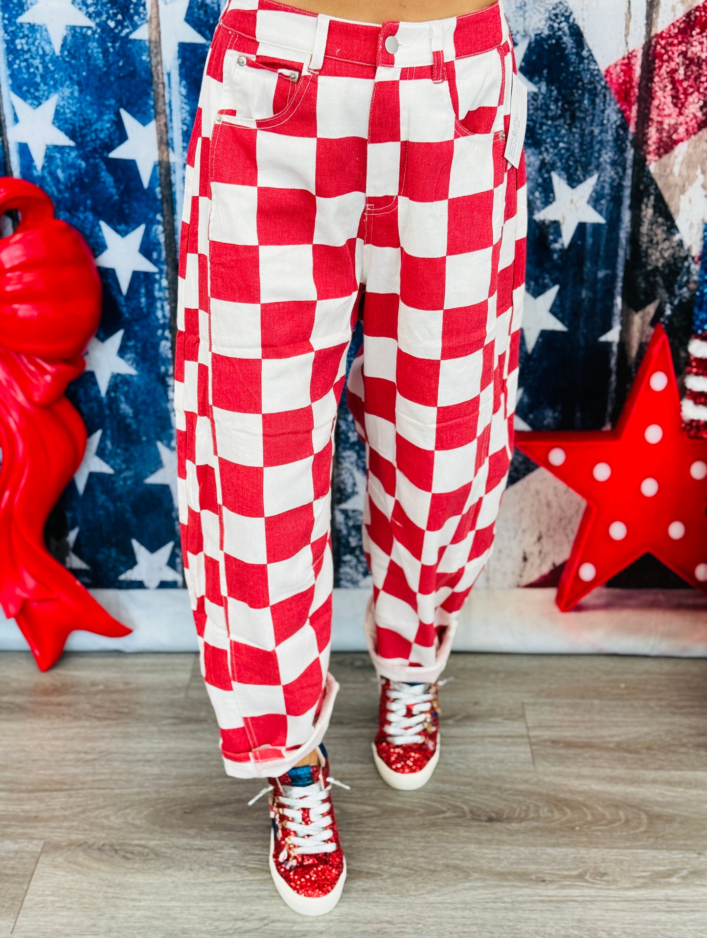 Red Checkered Print Barrel Pants (Reg. and Plus)