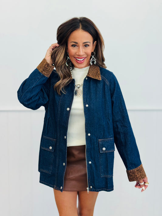 Denim Leopard Collar Barn Jacket (Reg.)